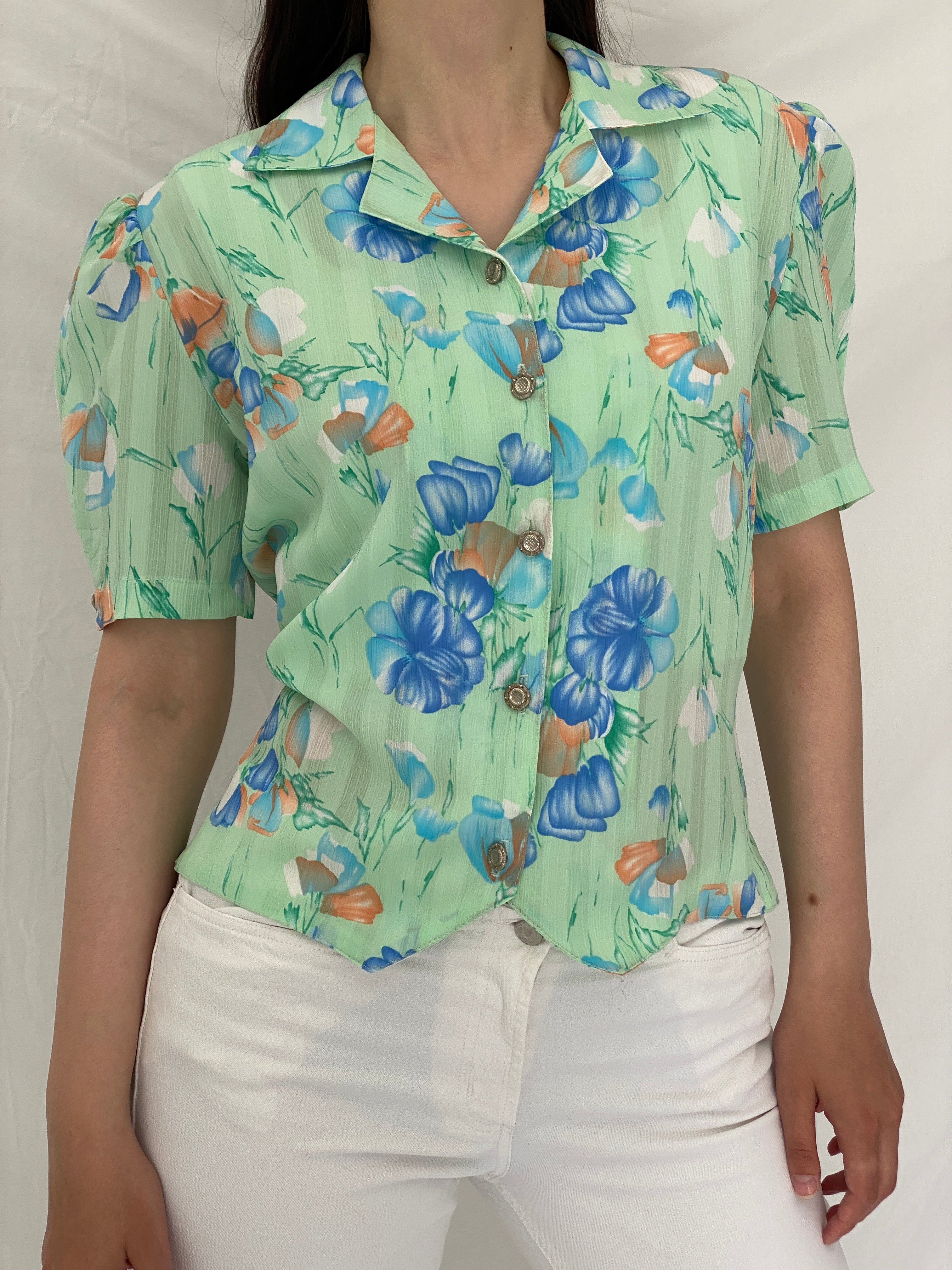 Vintage French Mint Floral Sheer Puff Sleeve Blouse Soft Girl Top – S