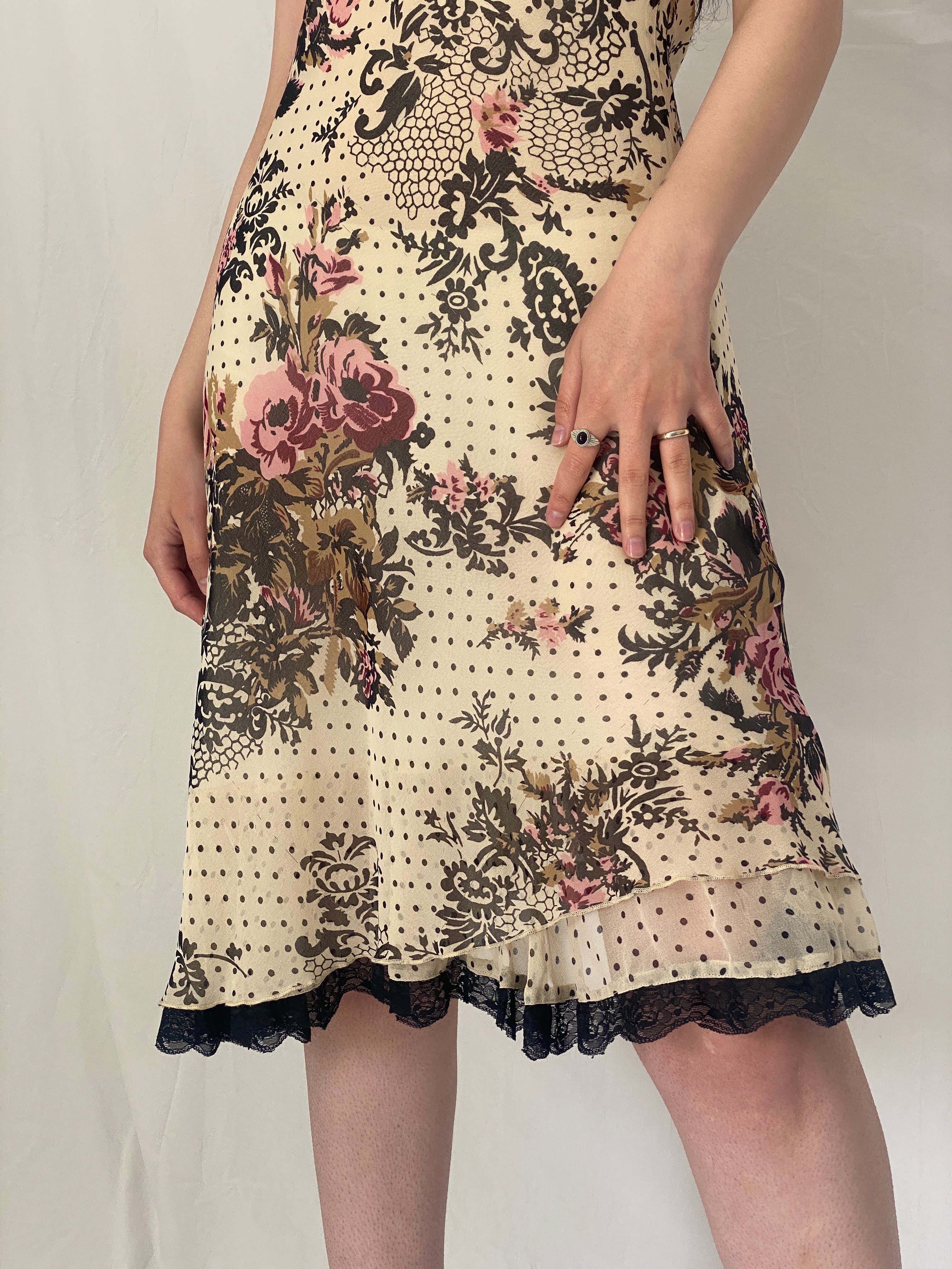 Vintage Y2K Romantic Lace Trim Floral Slip Dress Cream Polka Dot Midi Dress - S