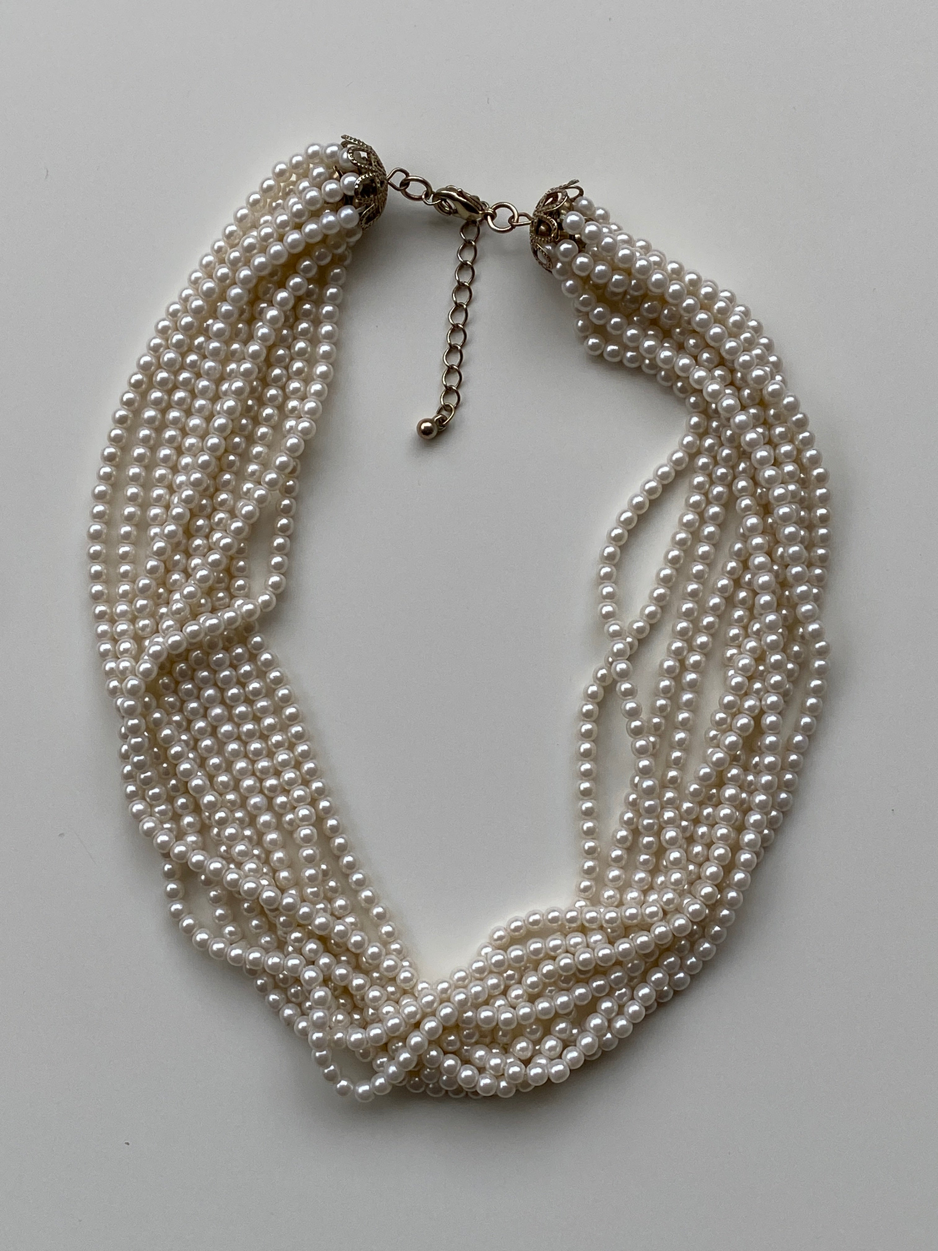 Vintage Cream Multi-Strand Twisted Faux Pearl Torsade Necklace with Filigree Gold End Caps