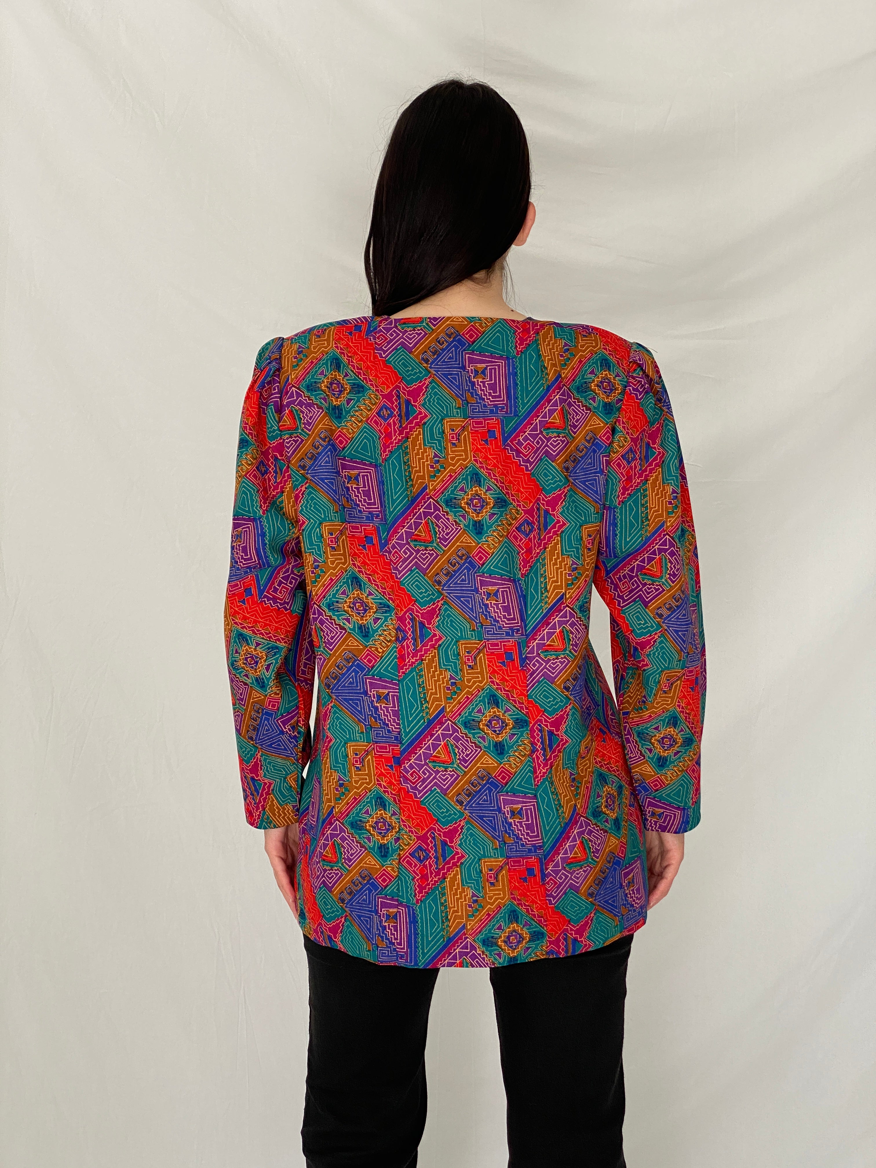 Vintage 90s Handmade Tribal Pop Statement Blazer Multicolor Geometric Art Jacket – L