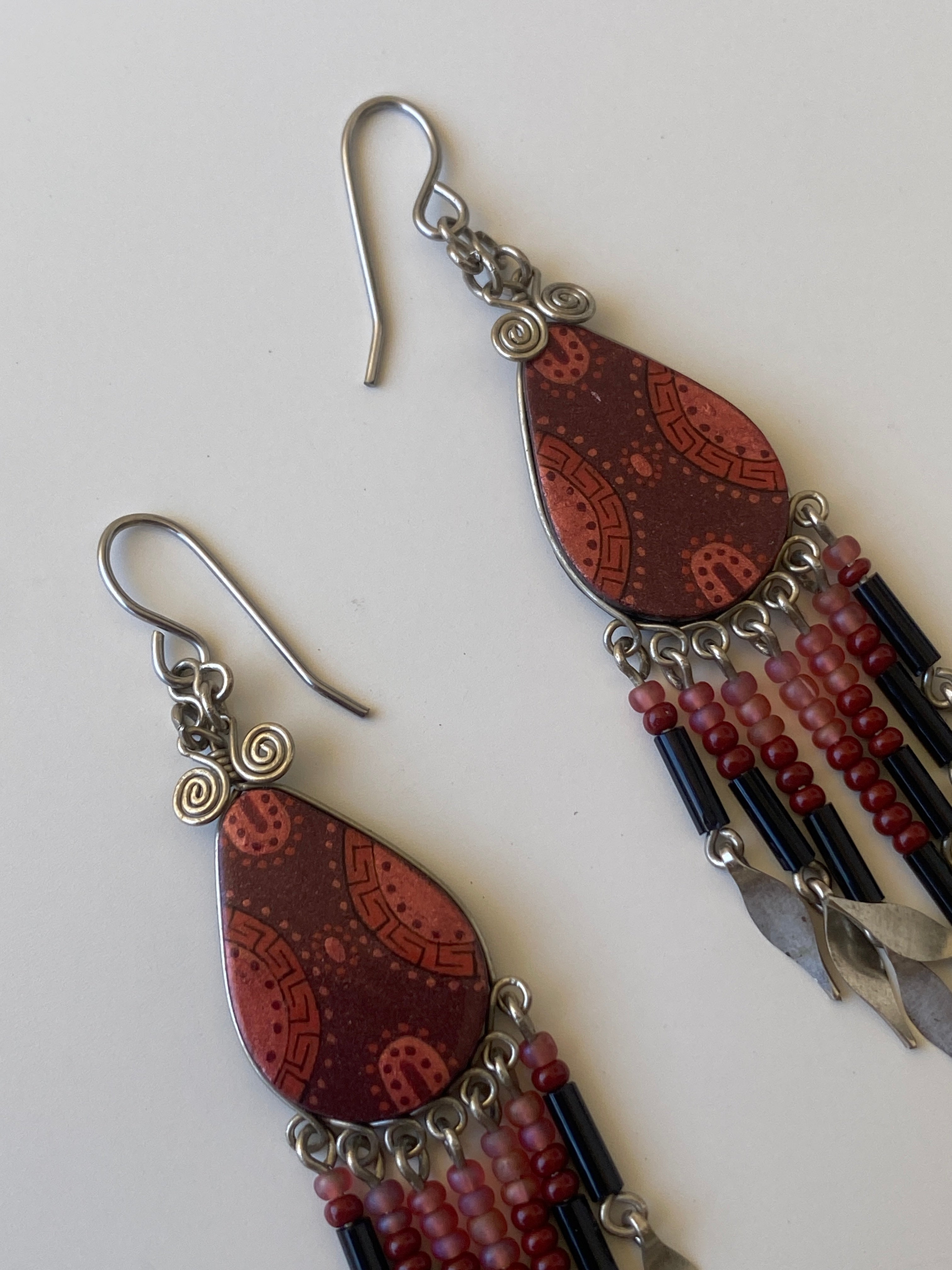 Vintage Boho Beaded Fringe Drop Earrings Tribal Inspired Red & Black Statement Earrings