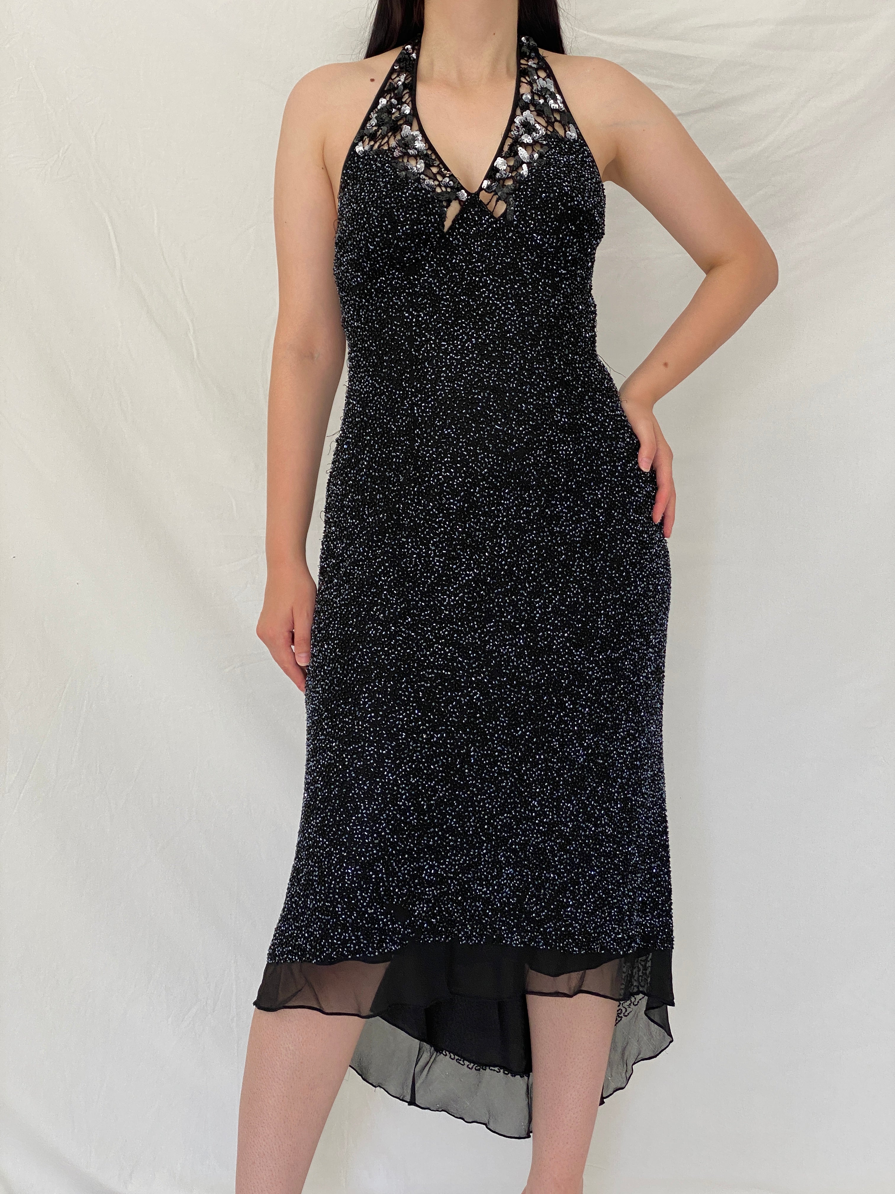 Vintage PAPÉLL BOUTIQUE Black Silk Beaded Halter Evening Dress – S