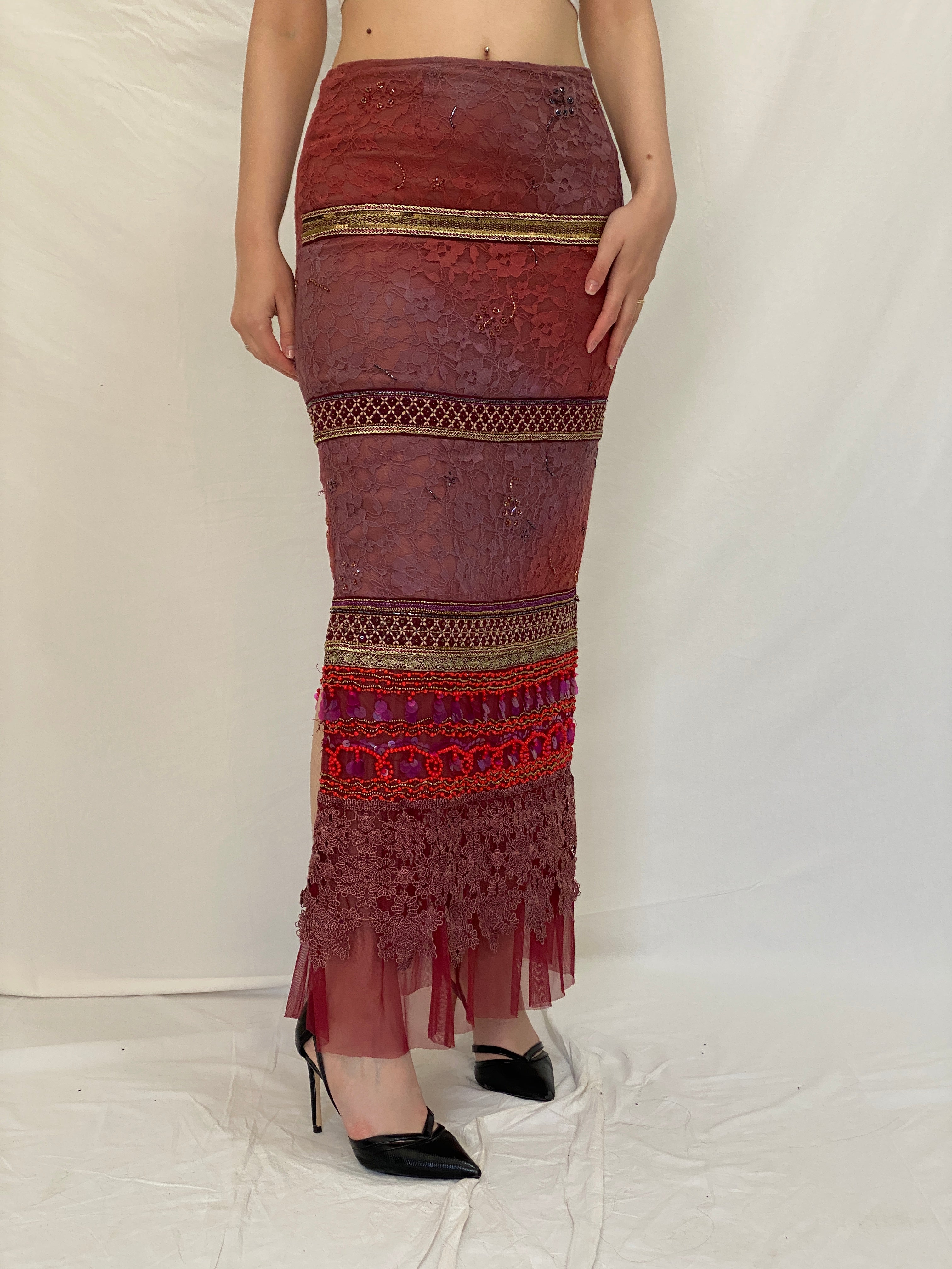 BRITISHINDIA Limited Edition Embellished Lace Maxi Skirt with Beaded Panels & Side Slit -S