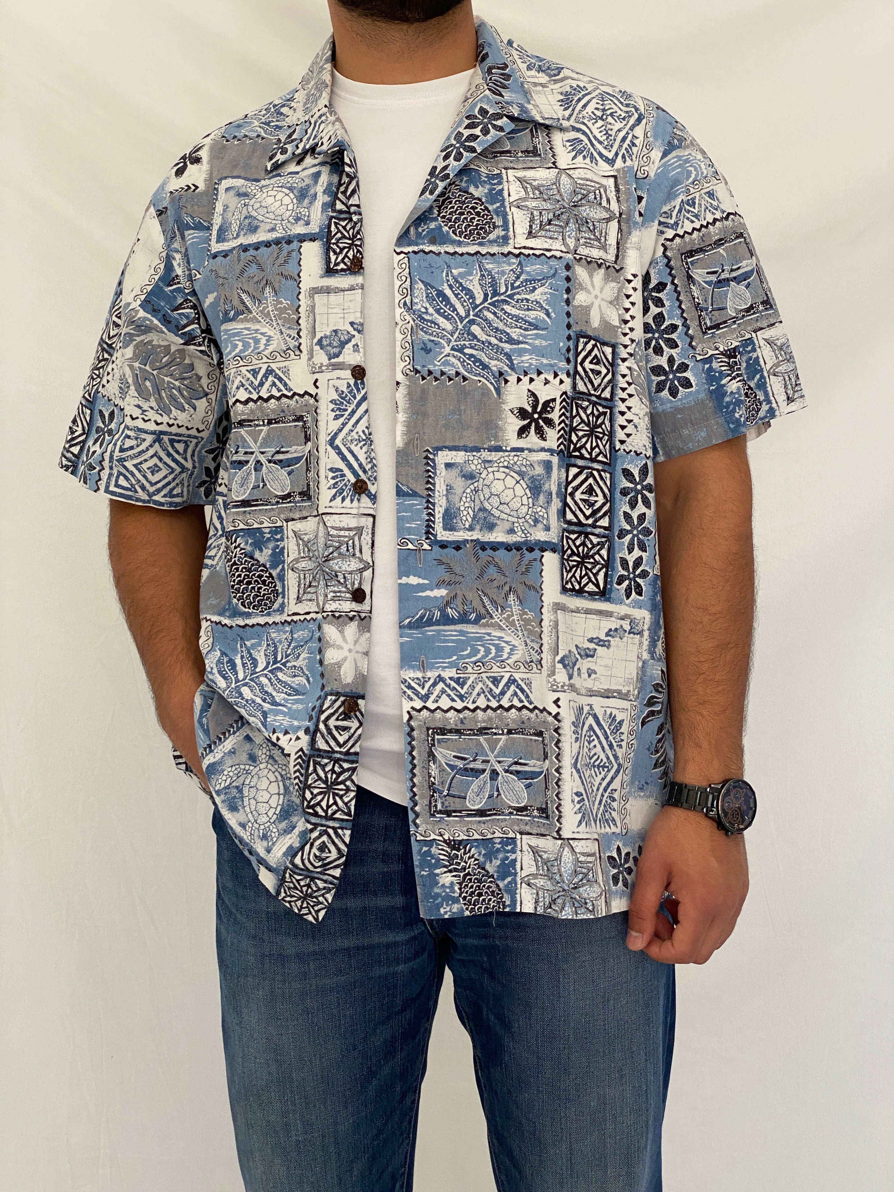Vintage 90s RJC Blue Tropical Patchwork Hawaiian Camp Shirt - 2XL