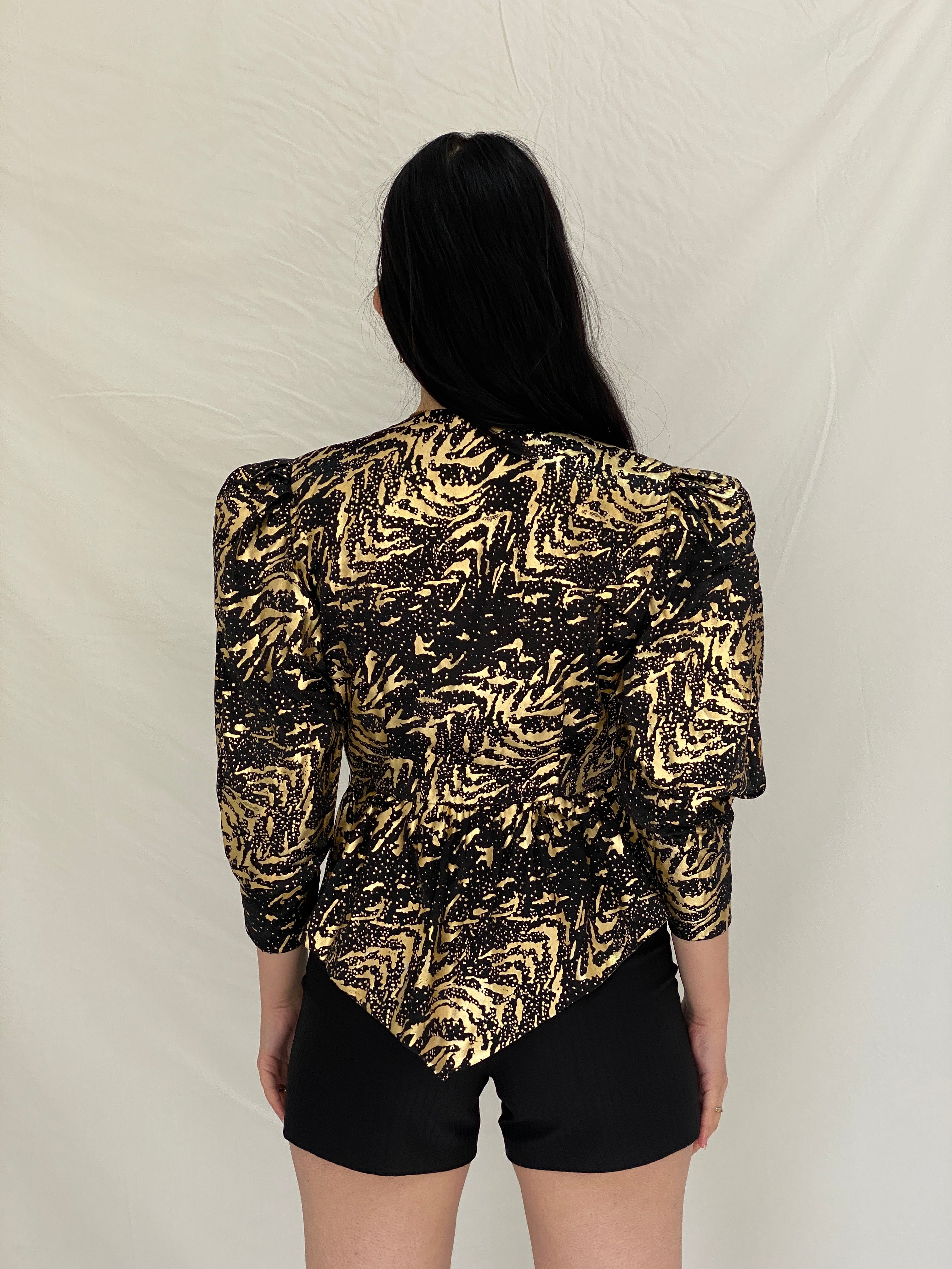 Vintage Black & Gold Abstract Print Peplum Blouse with Puff Sleeves - S