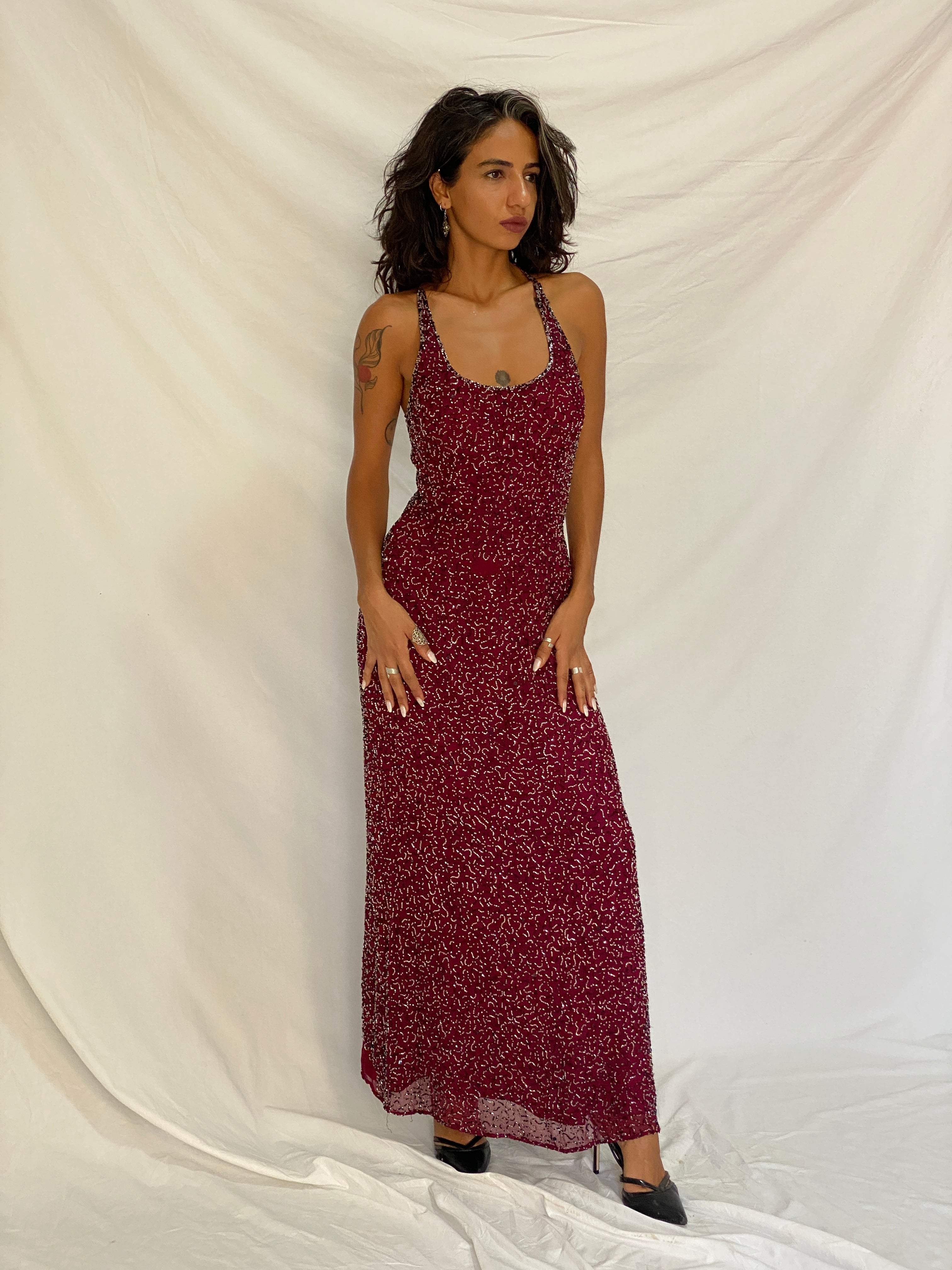 Vintage Romy Scala Burgundy 100% Silk Beaded Cross-Back Maxi Dress – M
