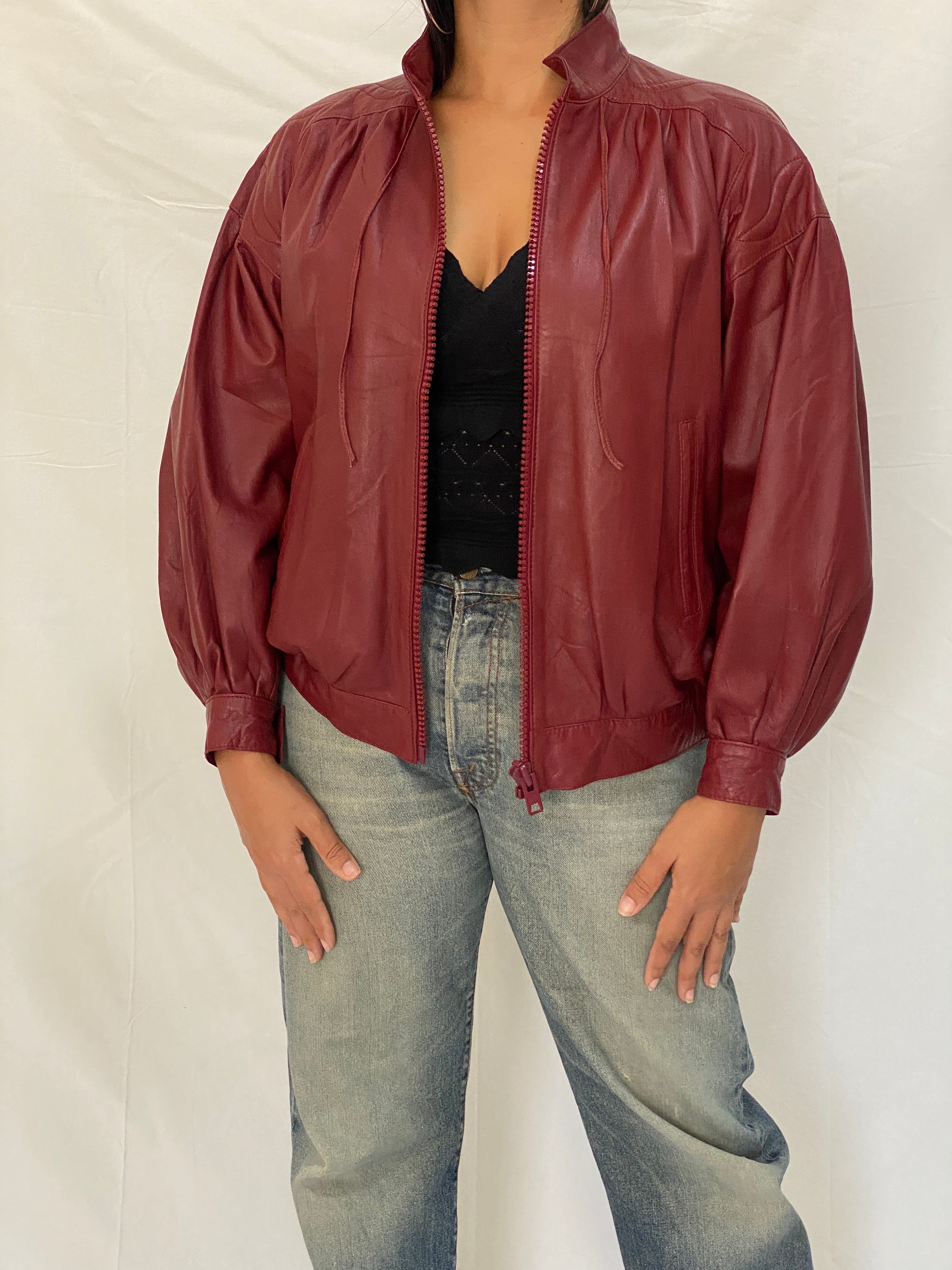 Rare Vintage Humberto J'Re Maroon Leather Bomber Dolman Sleeve Jacket - L