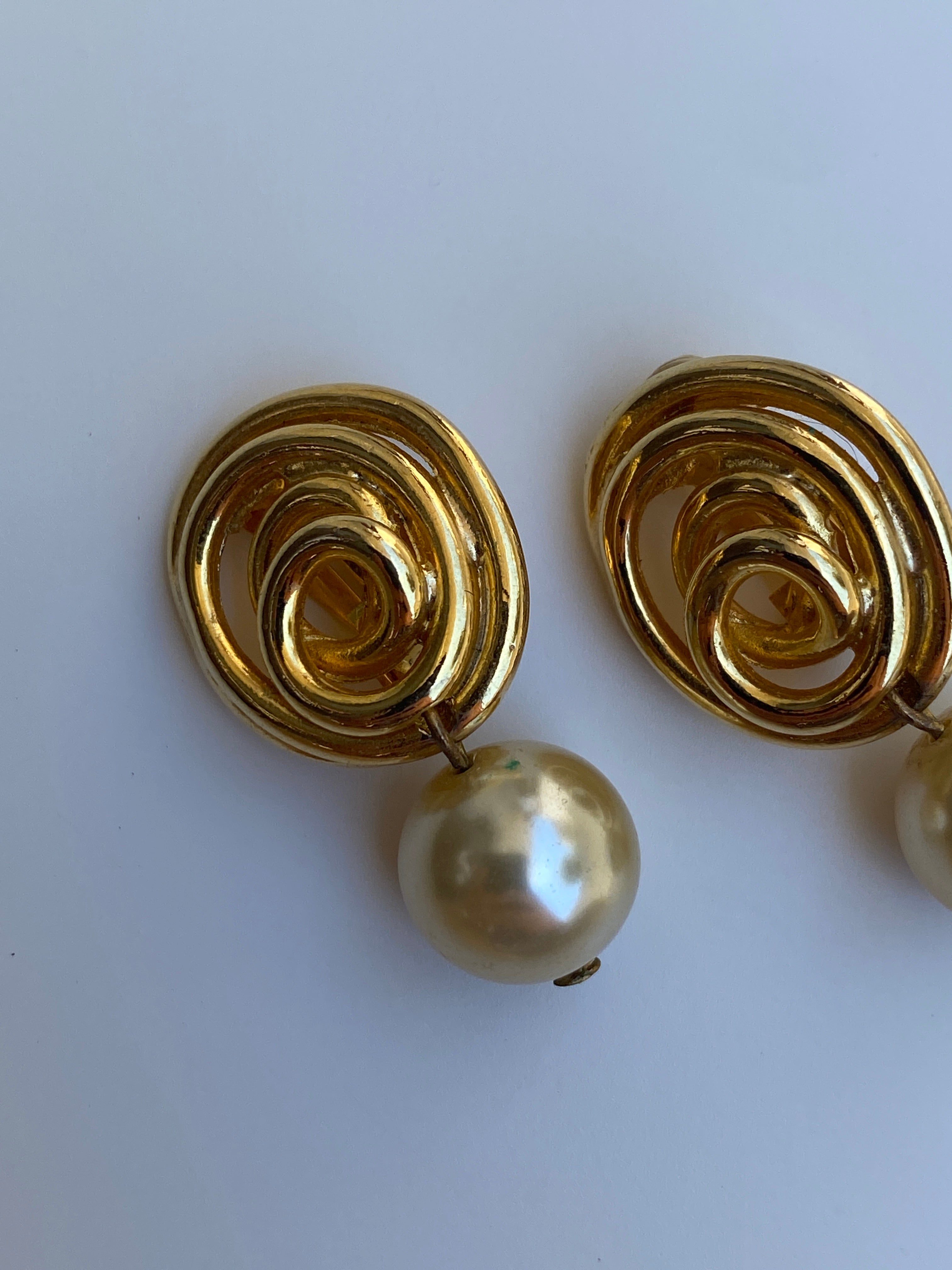 Vintage N.J. Norma Jean Gold-Tone Faux Pearl Clip-On Drop Earrings