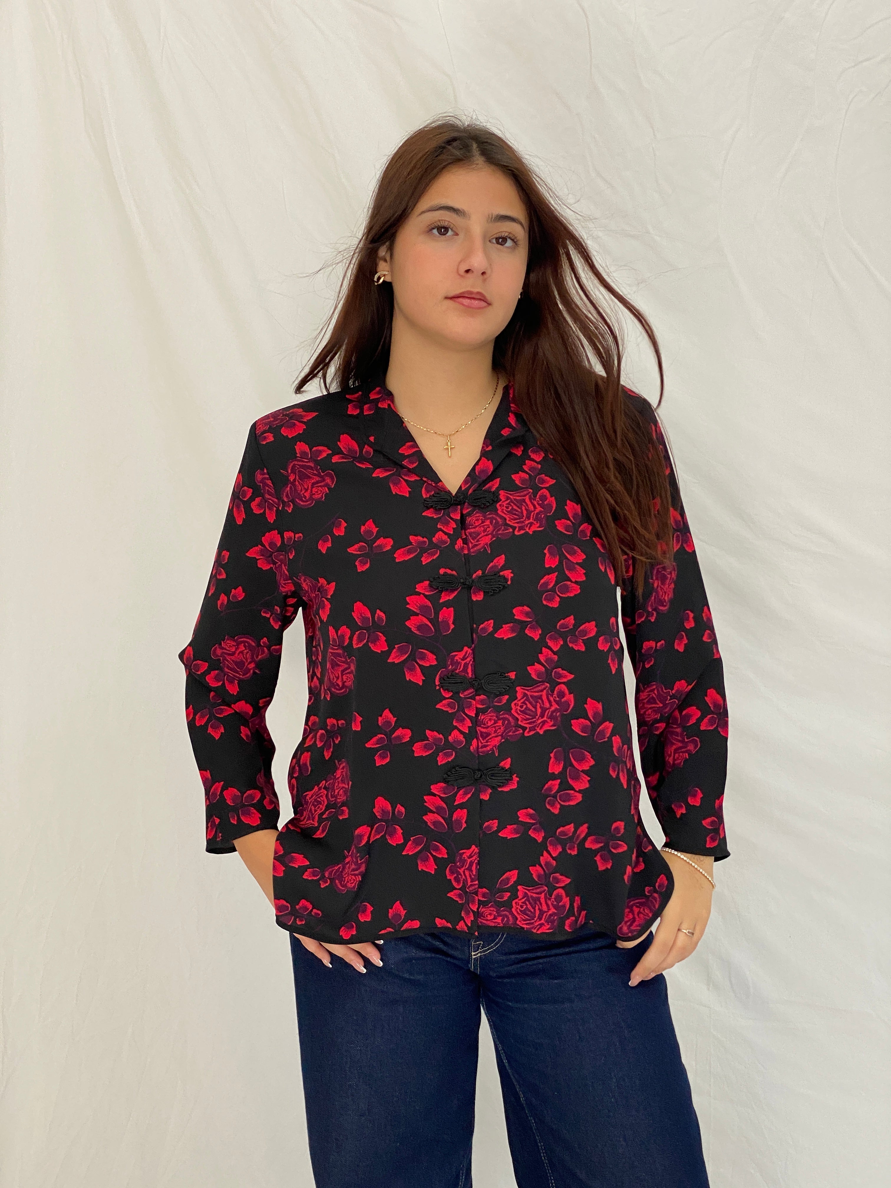 Vintage Y2K Richness Fashion Black & Red Floral Mandarin Collar Blouse - XL