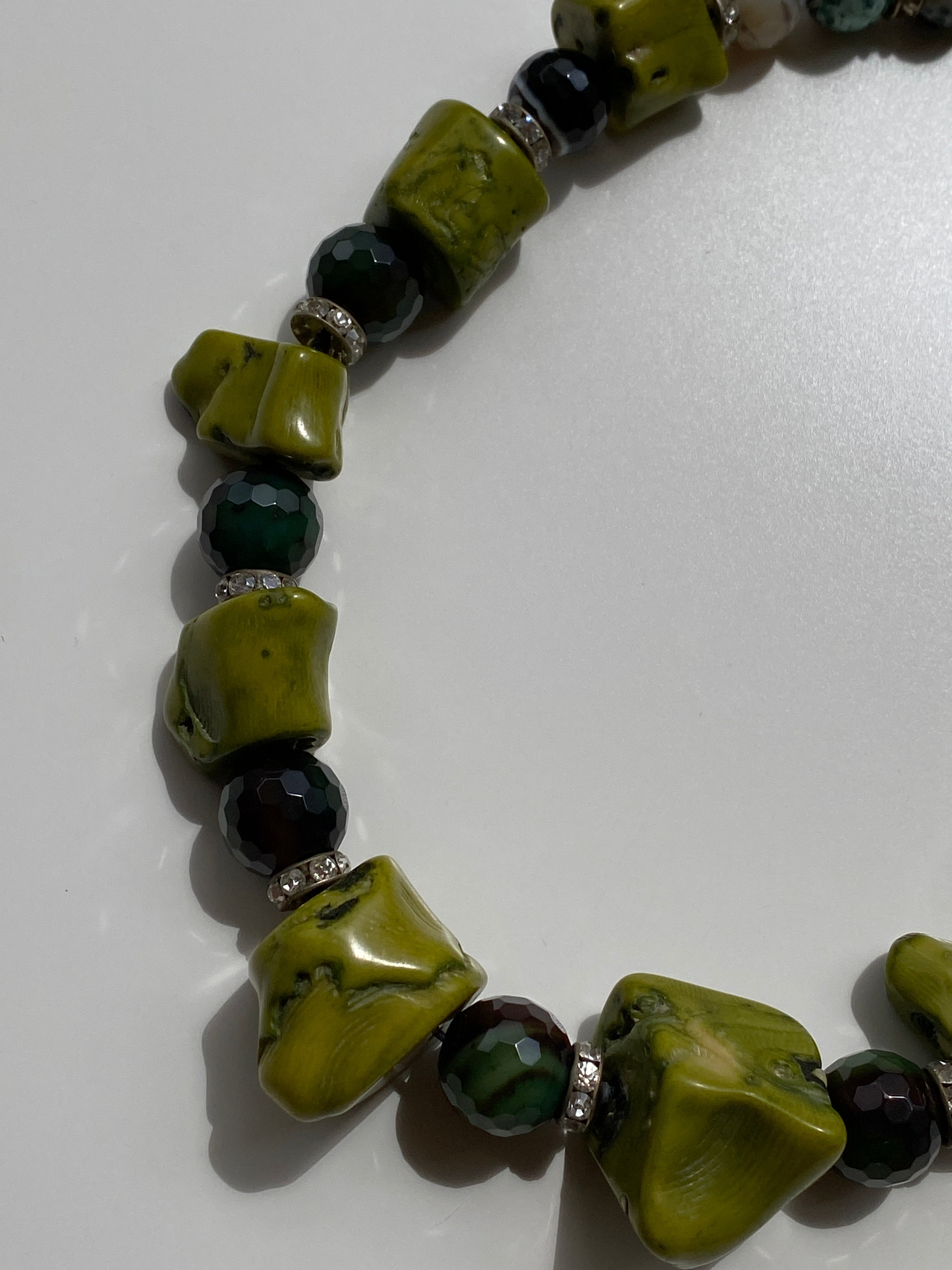 Vintage Natural Mixed Stone Statement Necklace Olive Jade, Onyx with Rhinestone Spacers