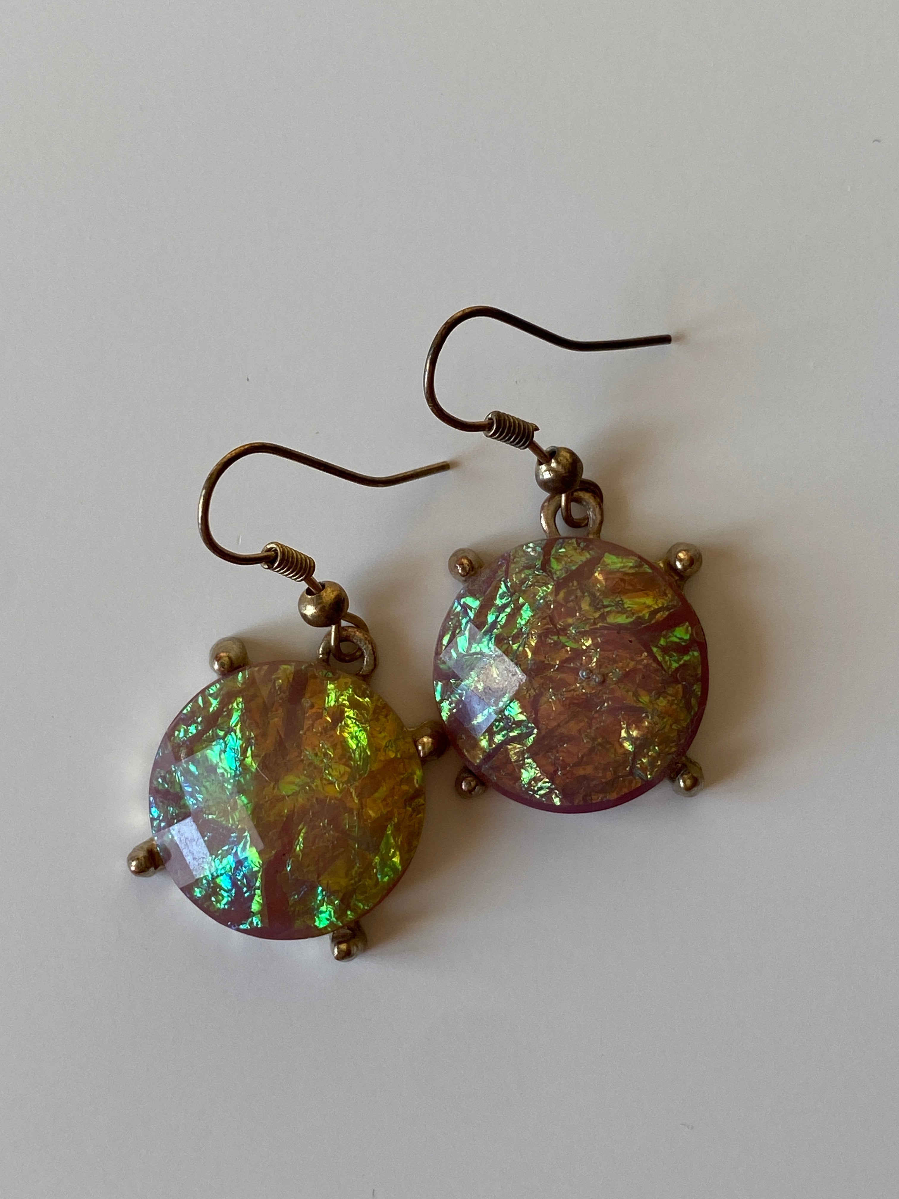 Vintage Iridescent Pink Glass Drop Earrings with Gold Tone Setting