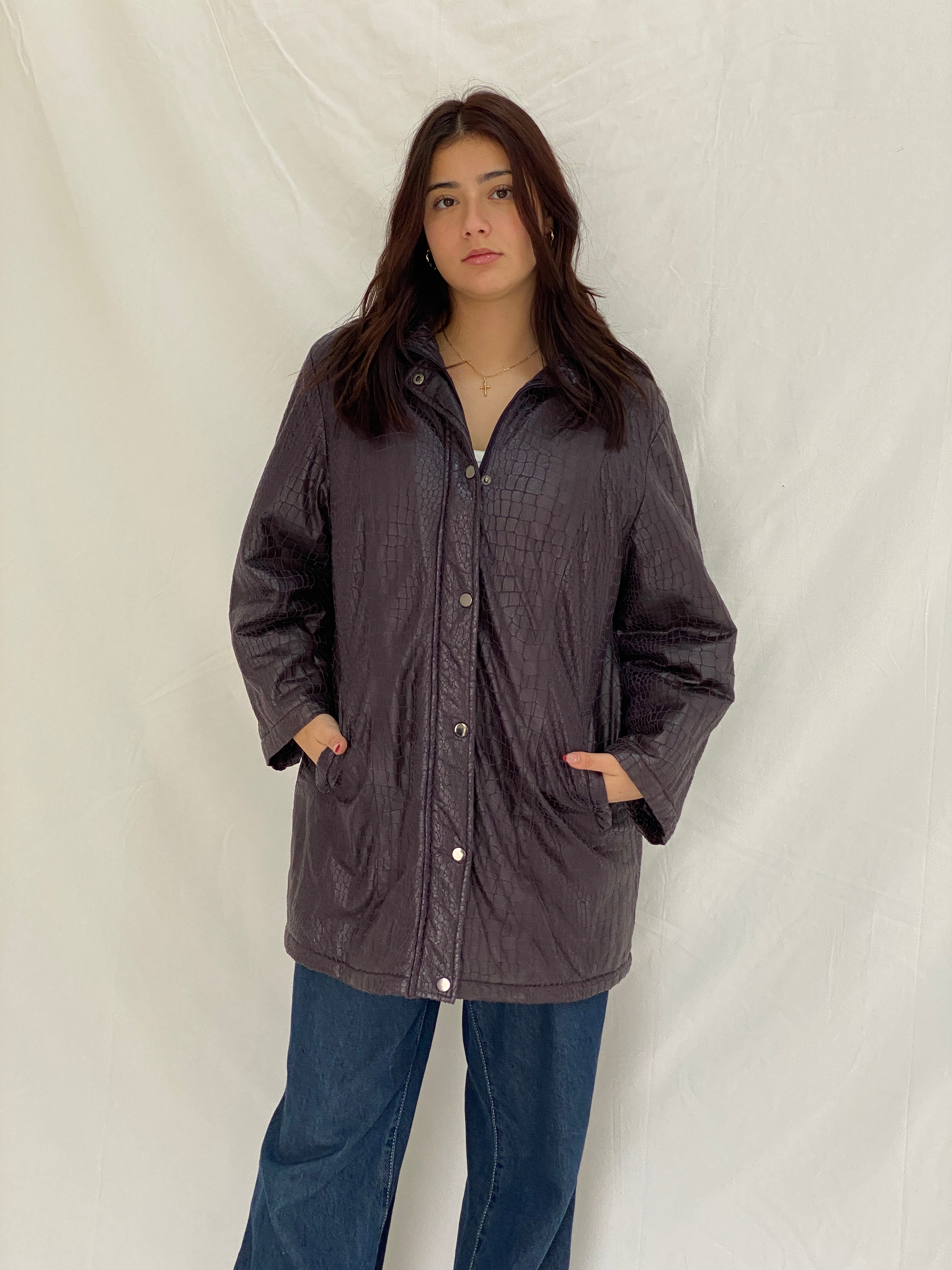 Vintage Purple Croc-Embossed Textured Longline Jacket Button-Up Coat - L