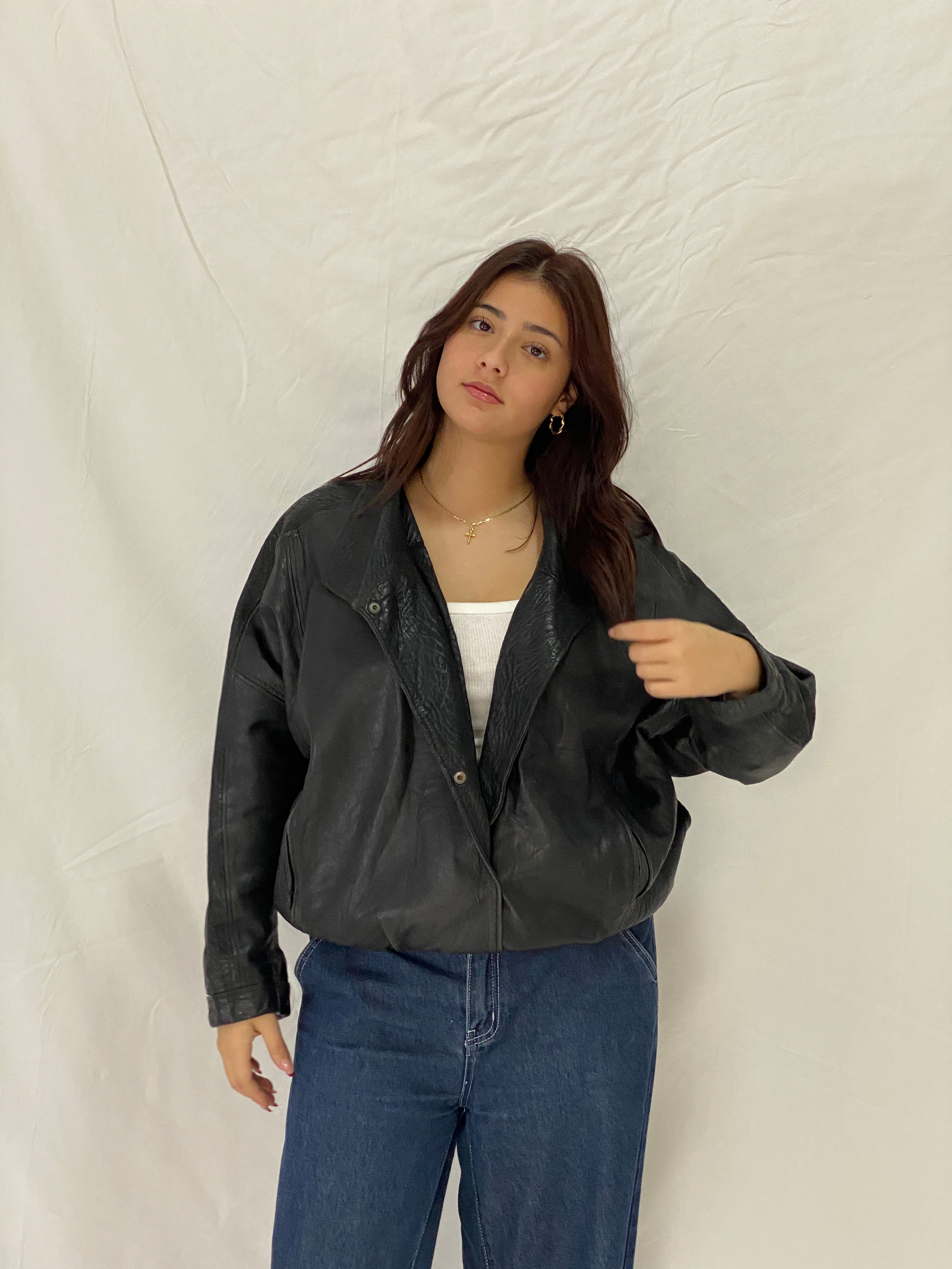 Vintage CAMPOY Black Genuine Leather Jacket Oversized Relaxed Fit Leather Coat - M