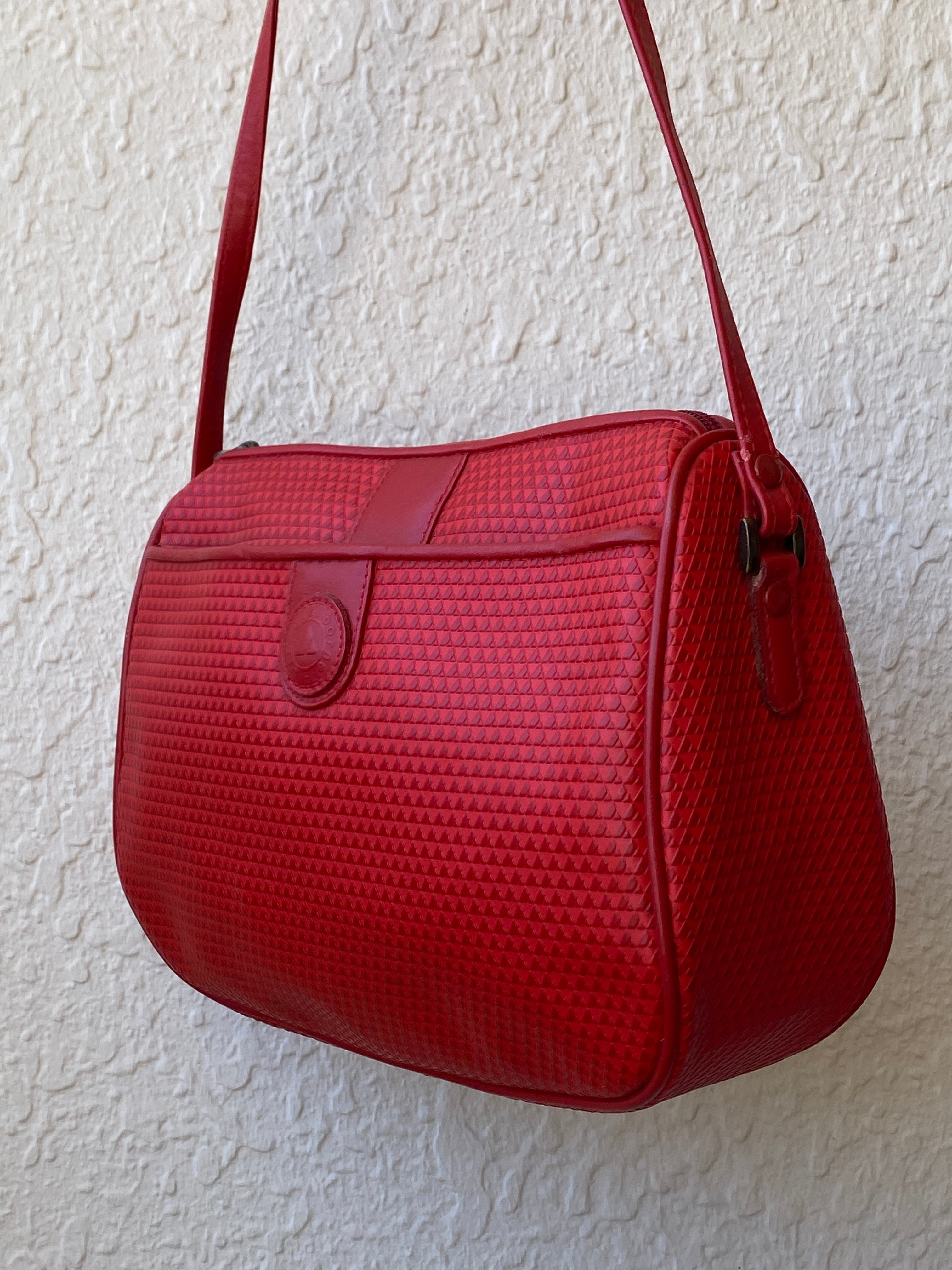 Vintage Liz Claiborne Monogram Red Crossbody Bag with Genuine Leather Trim