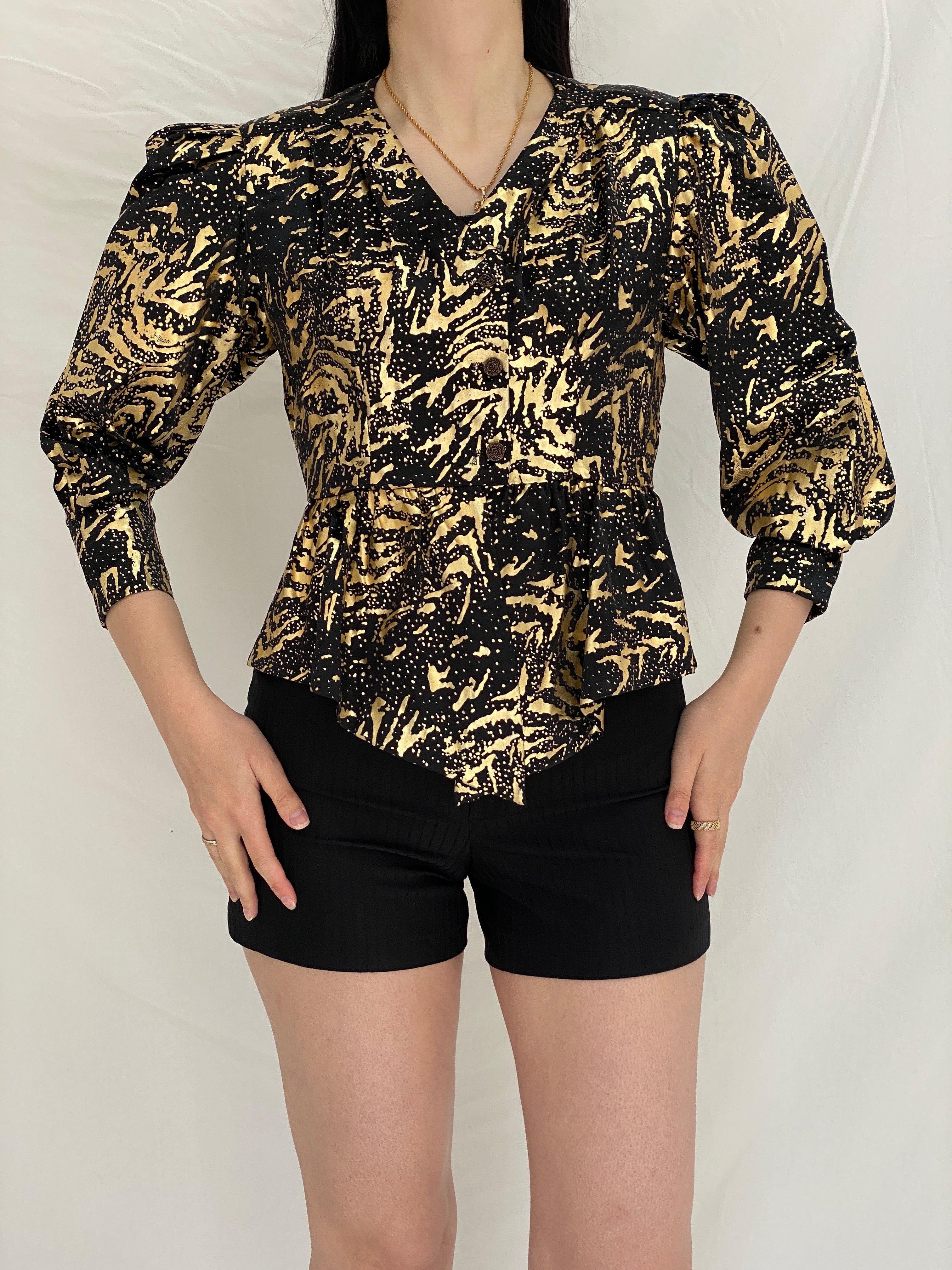 Vintage Black & Gold Abstract Print Peplum Blouse with Puff Sleeves - S