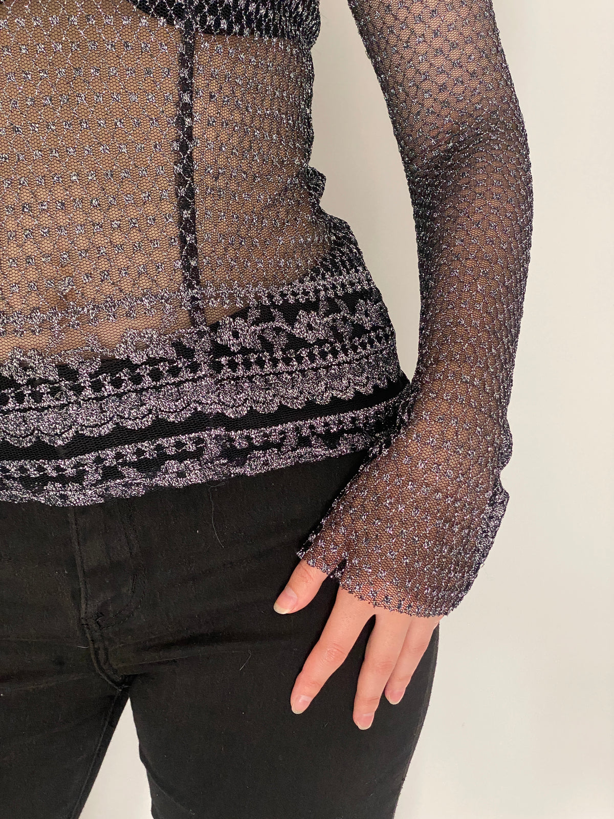 Vintage Y2K Black & Silver Metallic Crochet Mesh Sheer Grunge Top – S
