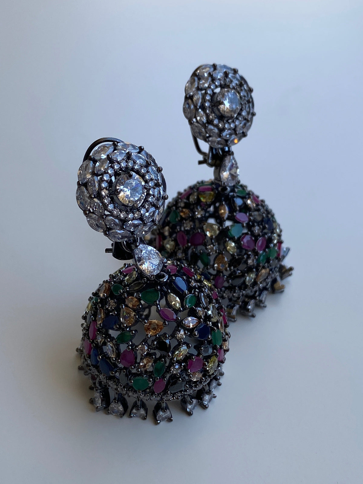 Vintage-Inspired Multicolor Rhinestone Gunmetal Jhumka Statement Earrings