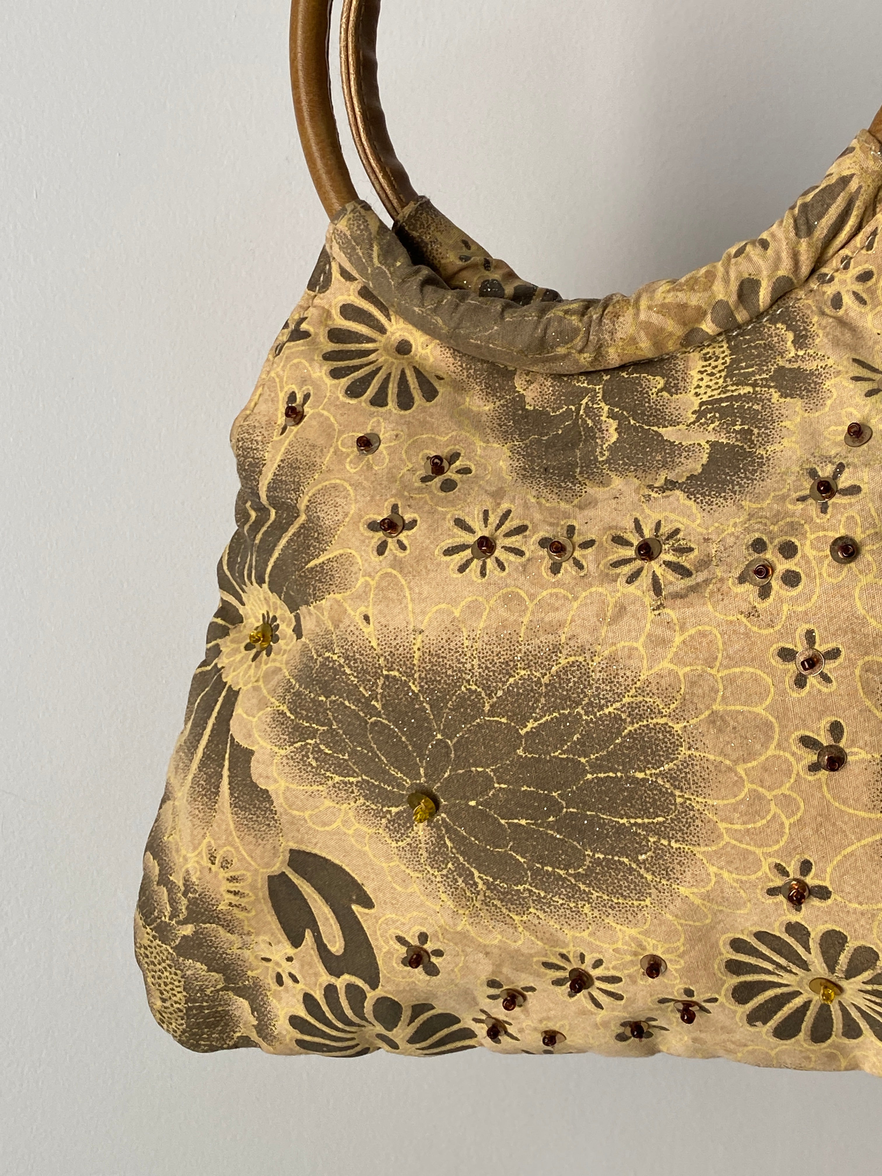 Vintage Y2K Mini Floral Embellished Handbag with Wooden Handles