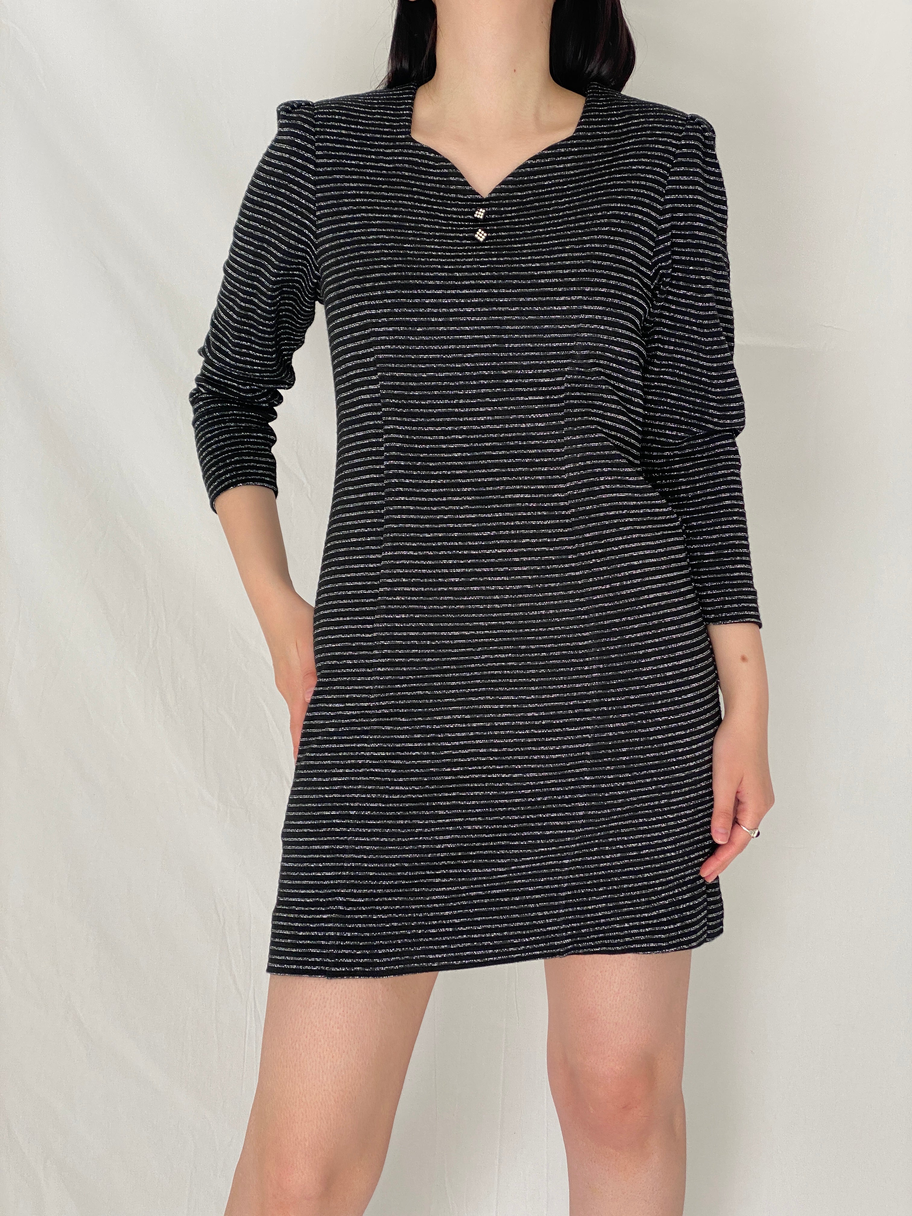 Vintage 90s Black Silver Striped Shimmer Mini Textured Evening Dress - M