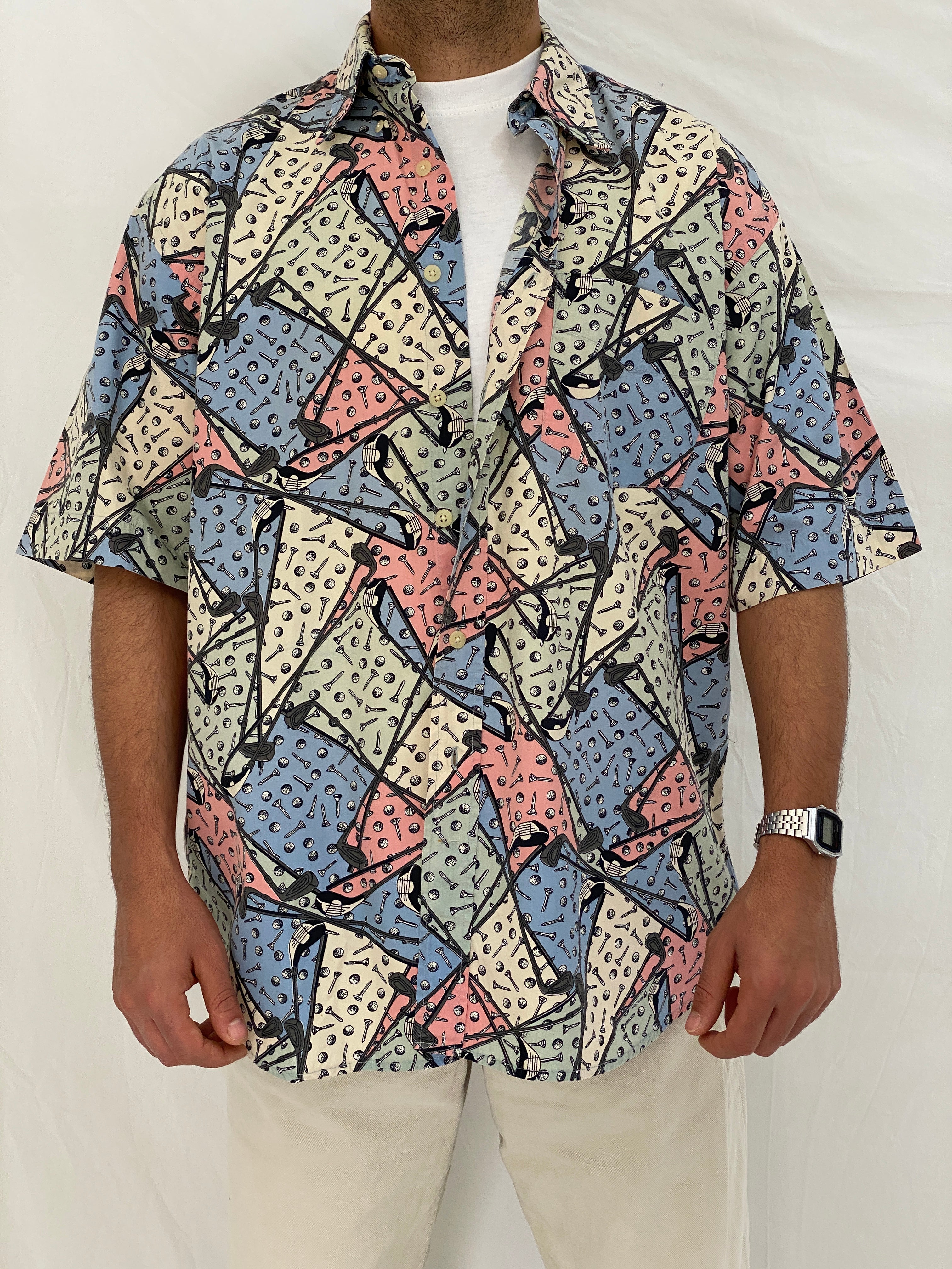Vintage B.D. Baggies Pastel Golf Print Button Up Shirt Multicolor Abstract Sports Shirt - L