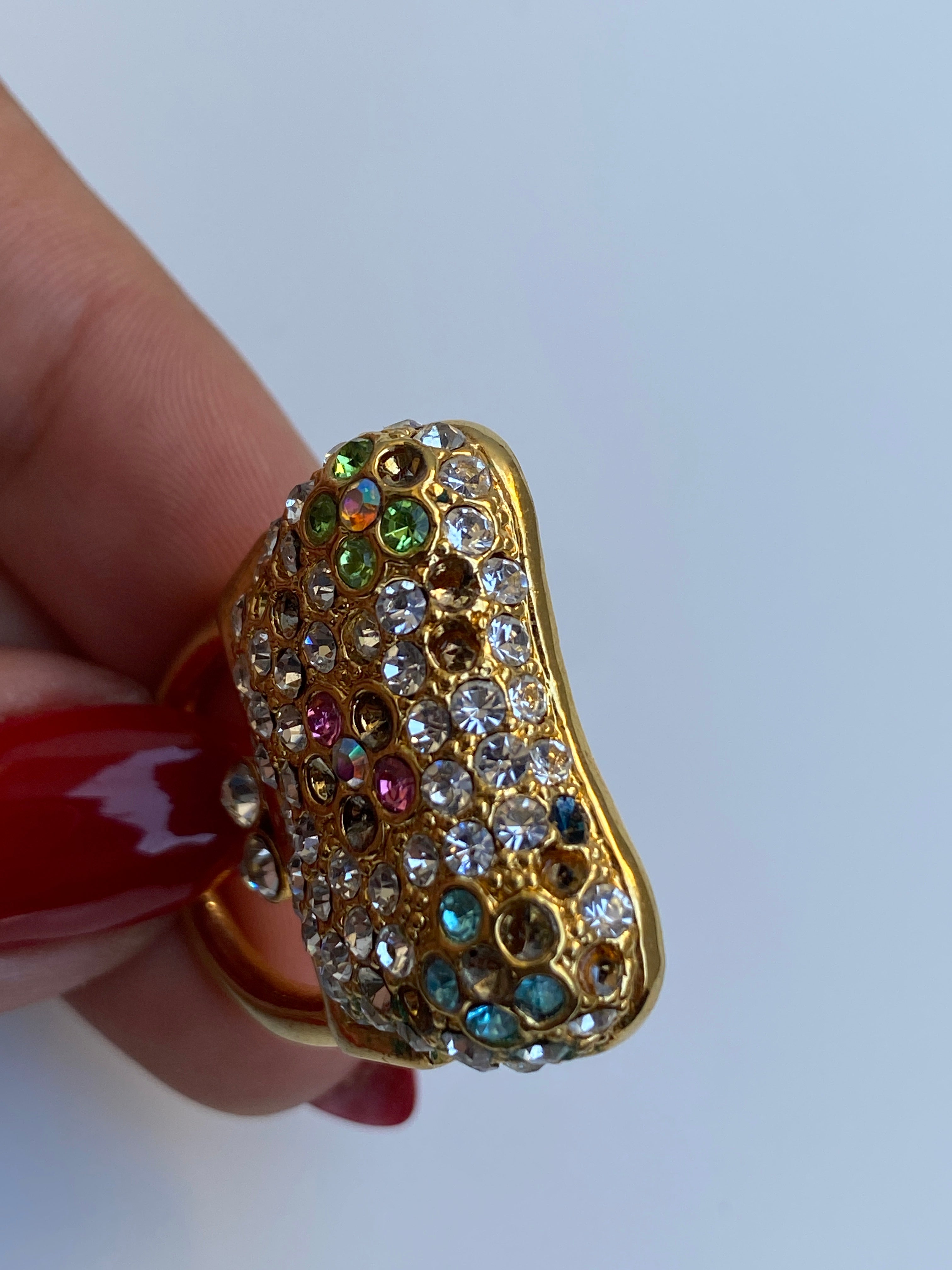 Vintage JS Gold-Tone Rhinestone Handbag Brooch Multicolor Crystal Purse Pin