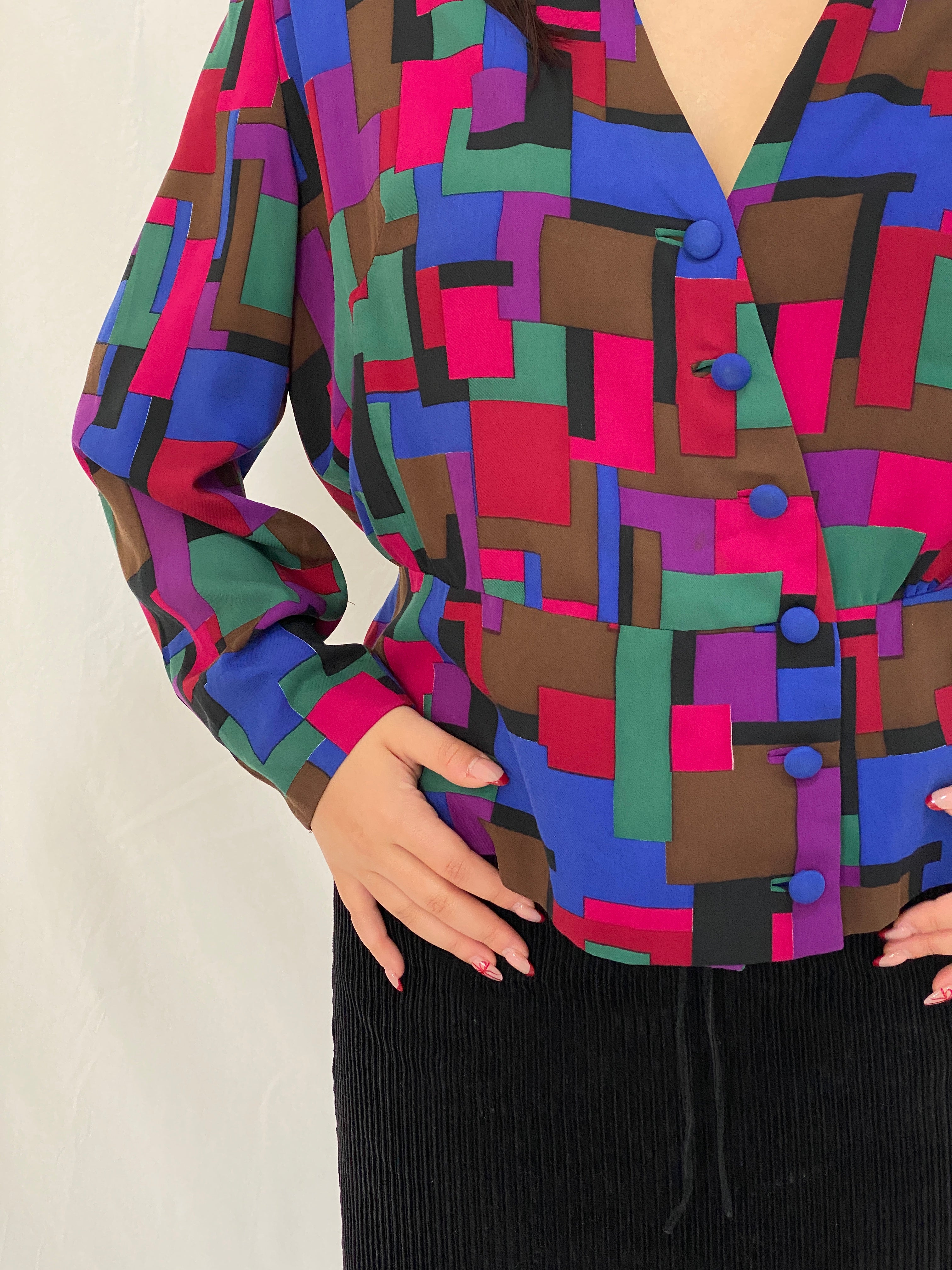 Vintage Handmade 80s Multicolor Abstract Geometric Print Long Sleeve Button-Up Shirt – XL