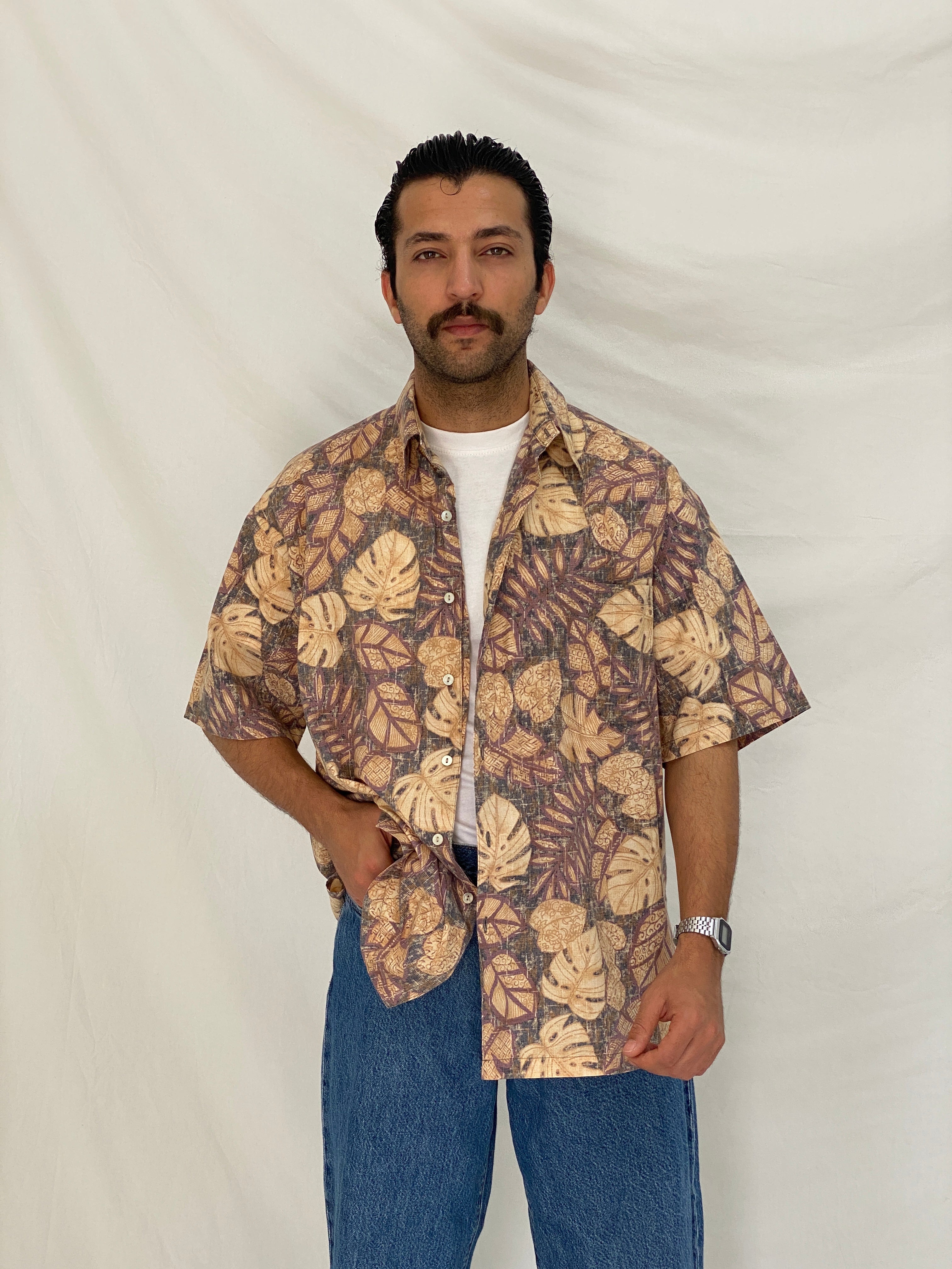 Vintage Tori Richard Hawaiian Shirt Beige Brown Tropical Print Camp Collar Aloha Shirt - L