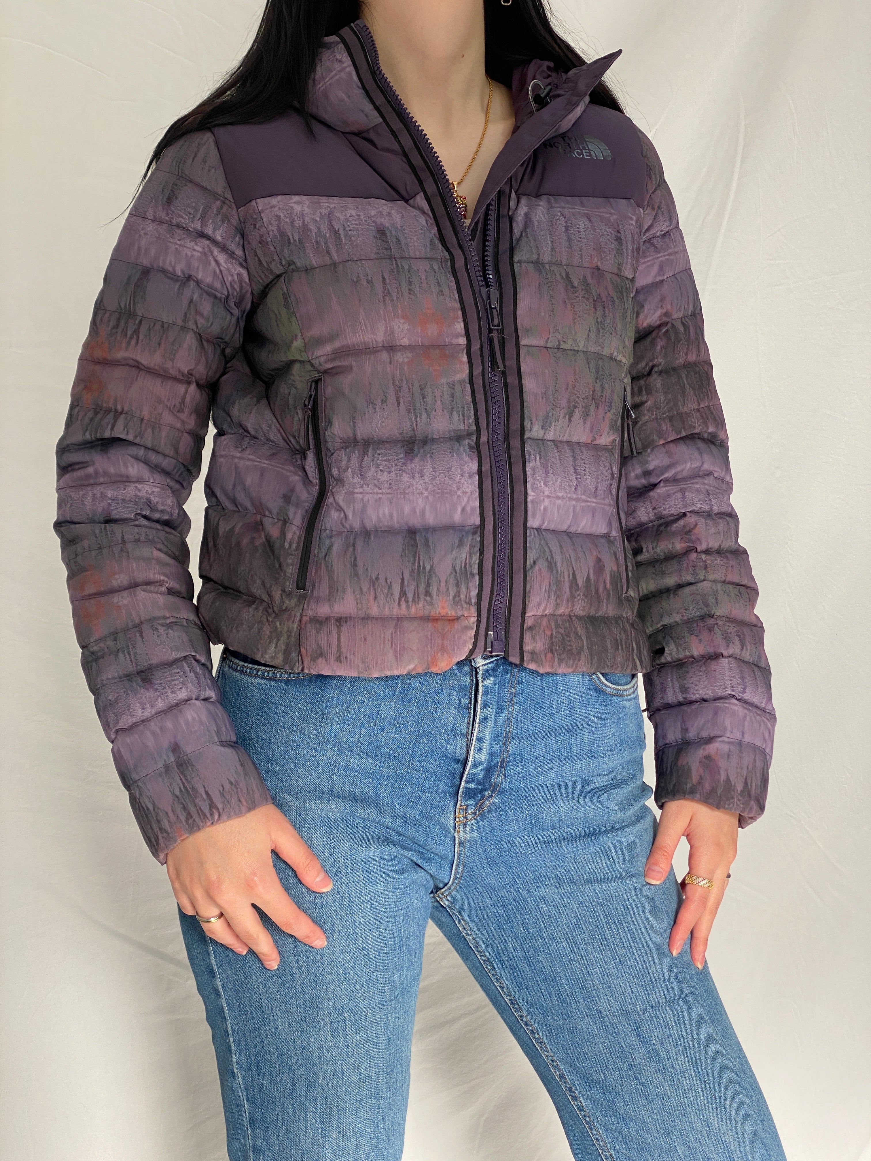 The North Face Purple Forest Print TNF Packable Fitted Puffer Jacket with Hood - M