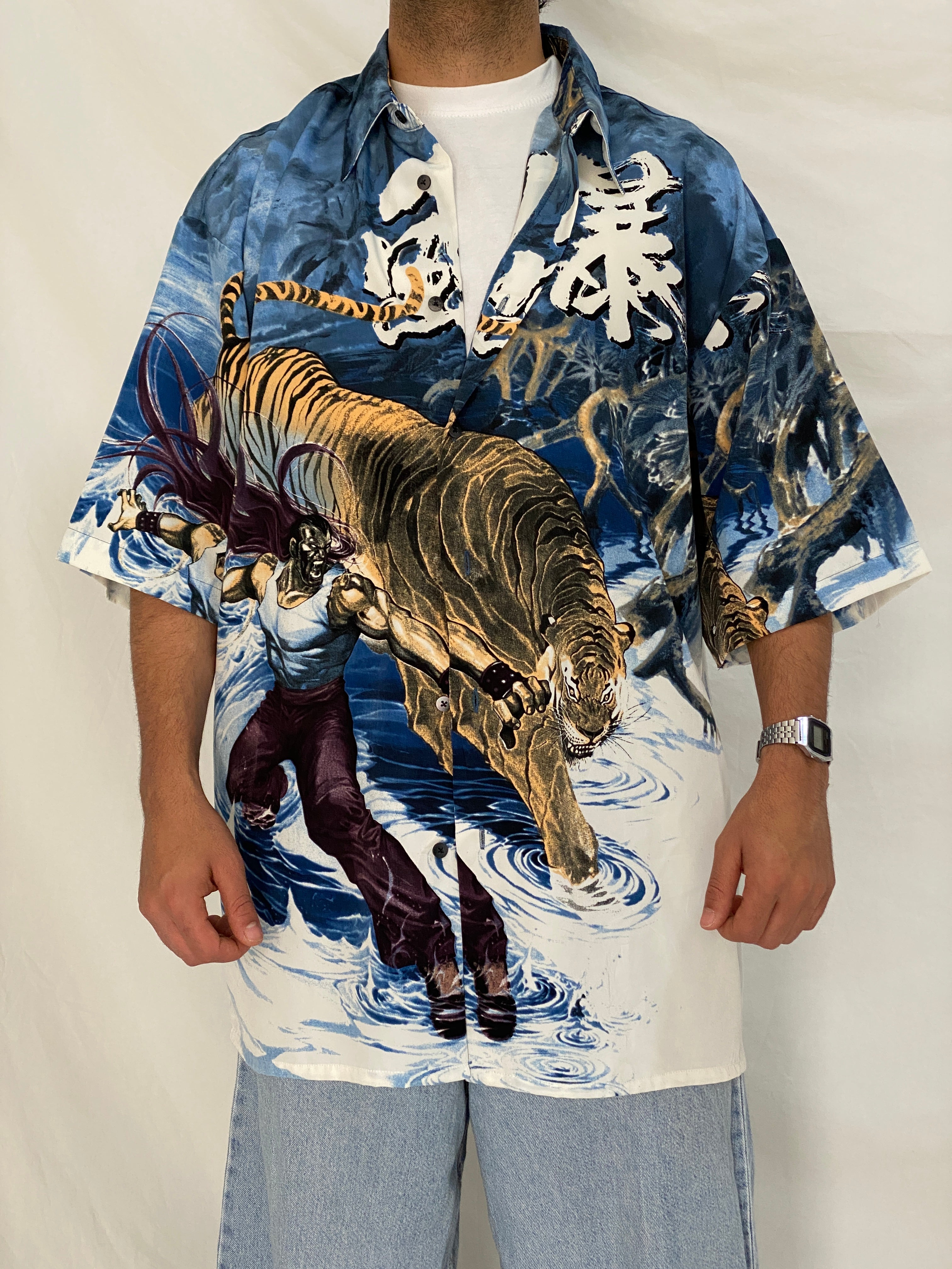 Vintage Billionbay Japanese Tiger Graphic Shirt Blue Y2K Anime Streetwear Button Up Camp Shirt - XL