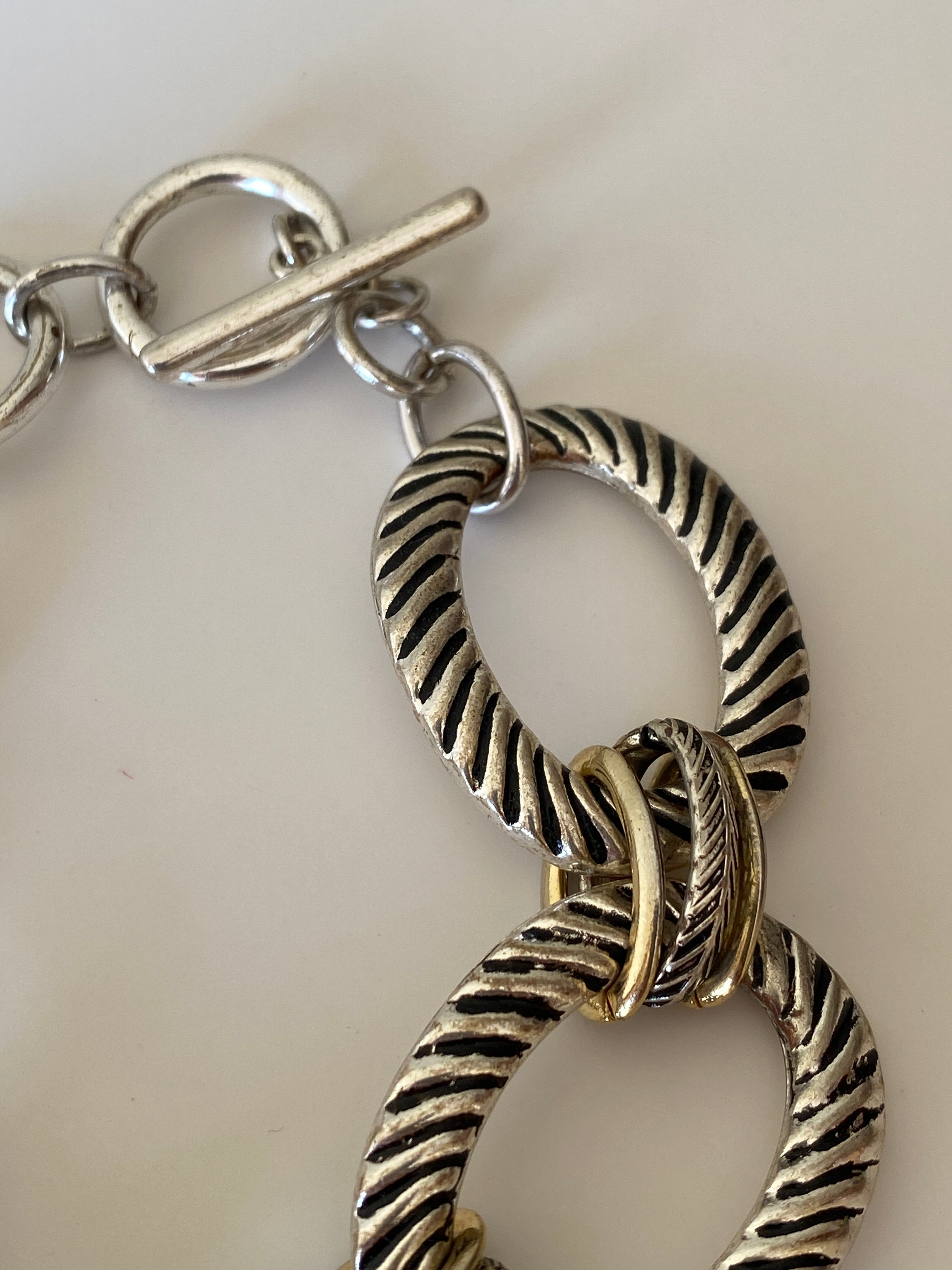 Vintage Chunky Textured Link Bracelet Silver & Gold-Tone Oval Links with Toggle Clasp