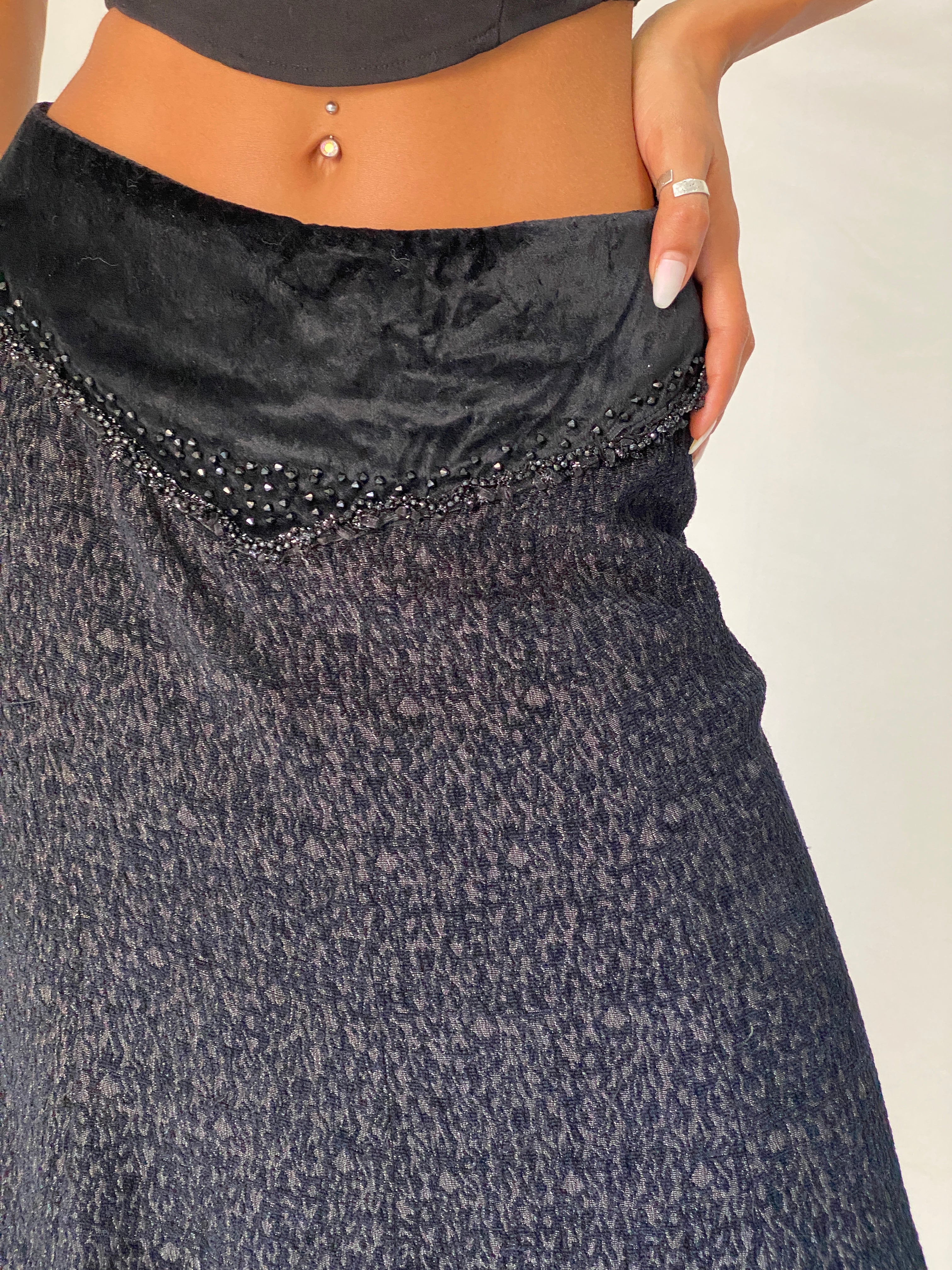 Vintage Whimsigoth Black Velvet Embellished Tulle Grunge Midi Skirt – M