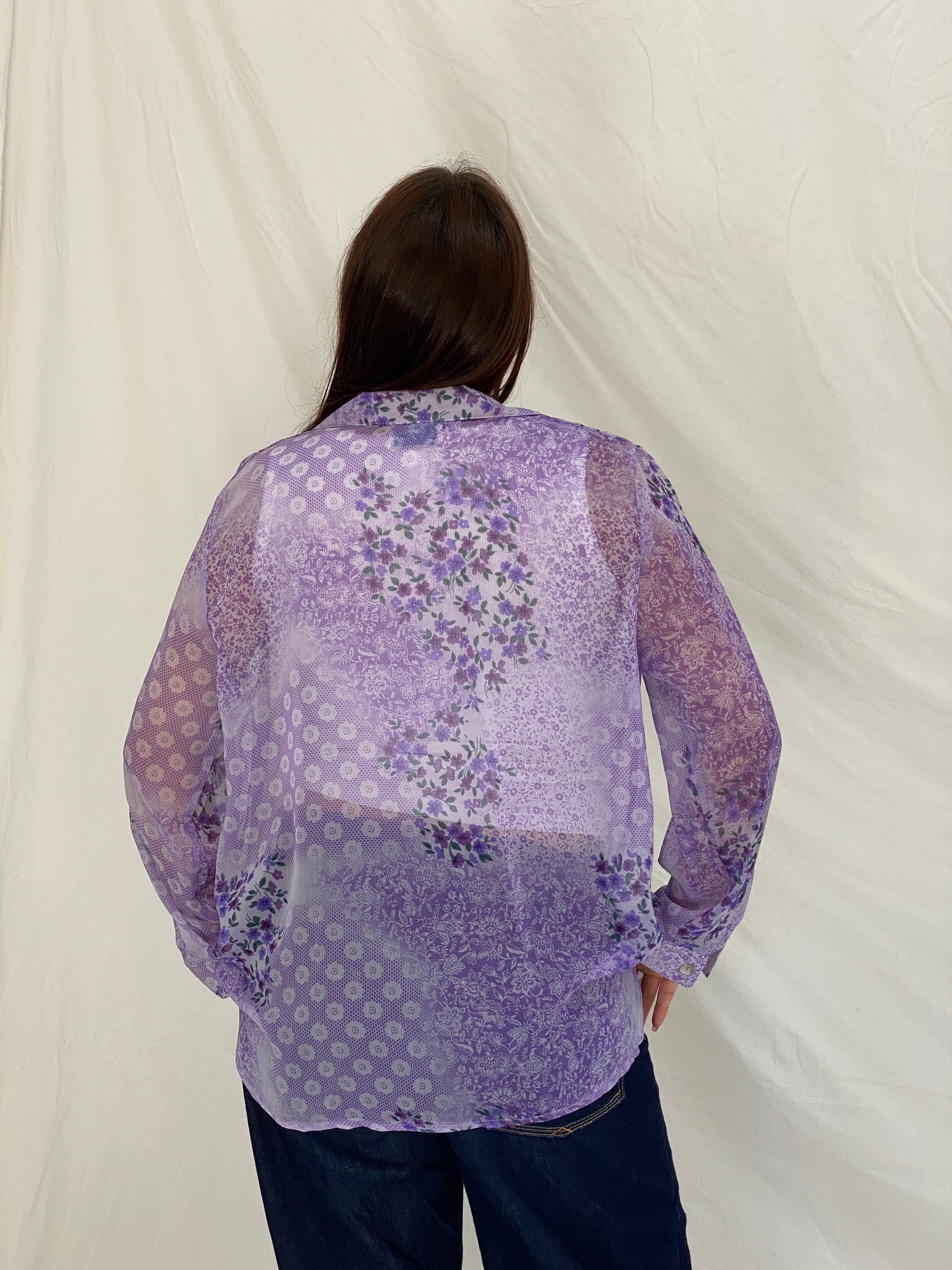 Vintage 90s Lighthouse Point Purple Sheer Floral Button-Up Blouse - L