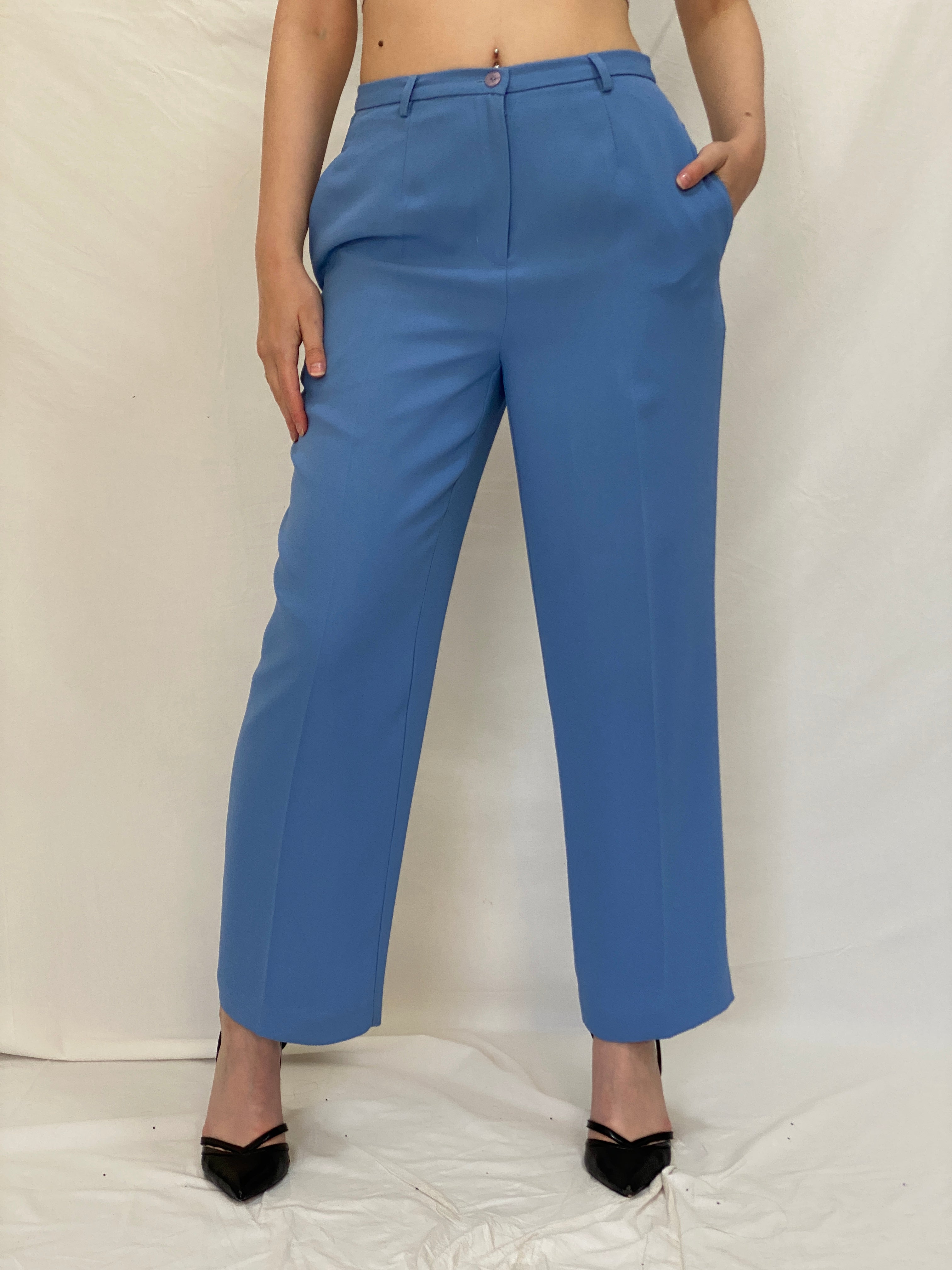 Vintage Karen Scott Petite Tailored Blue Trousers High Waist Straight Leg Office Pants - S