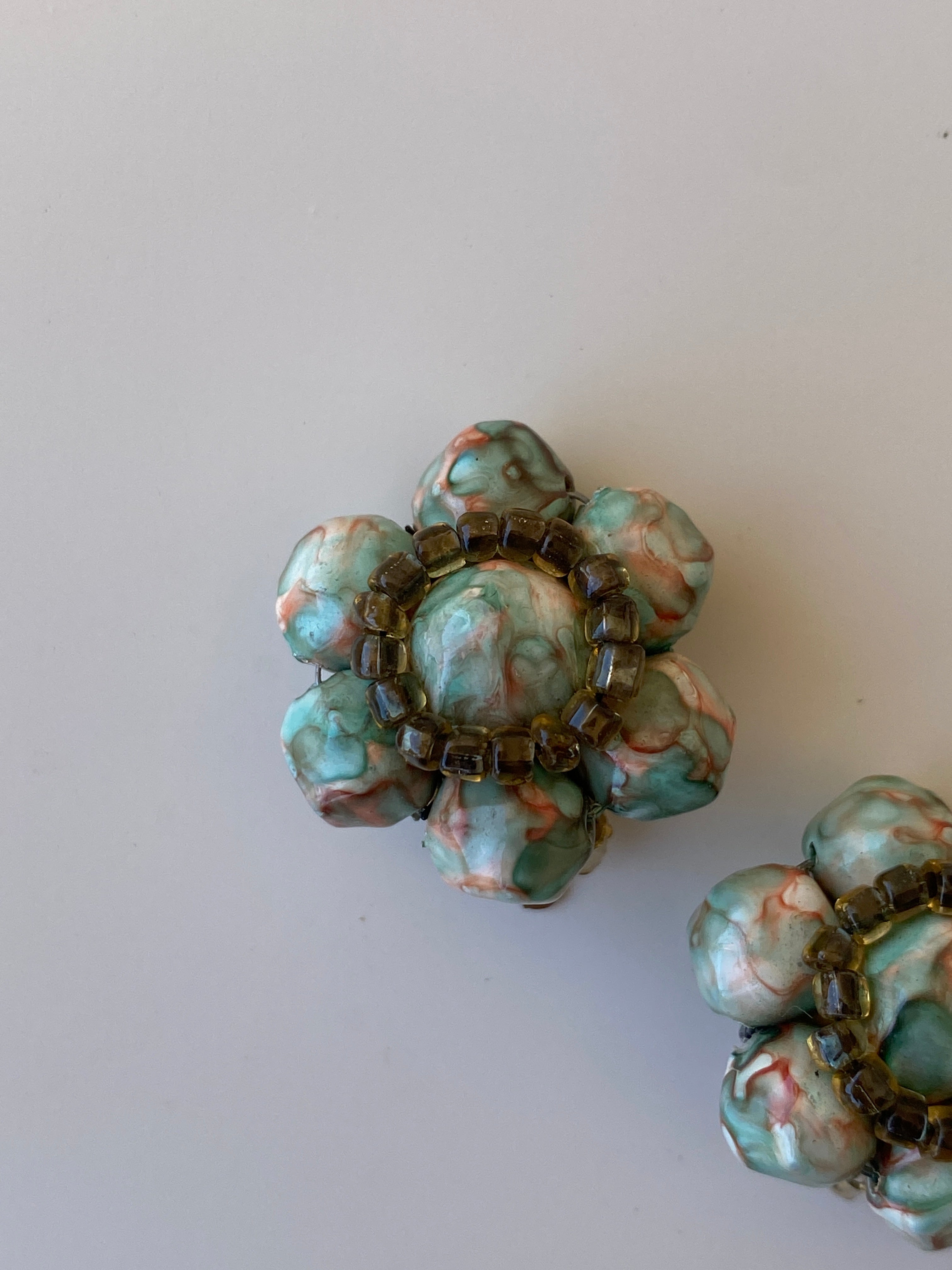 Vintage 1950s Pastel Beaded Floral Clip-On Earrings Turquoise Marble Lucite Cluster Statement Earrings
