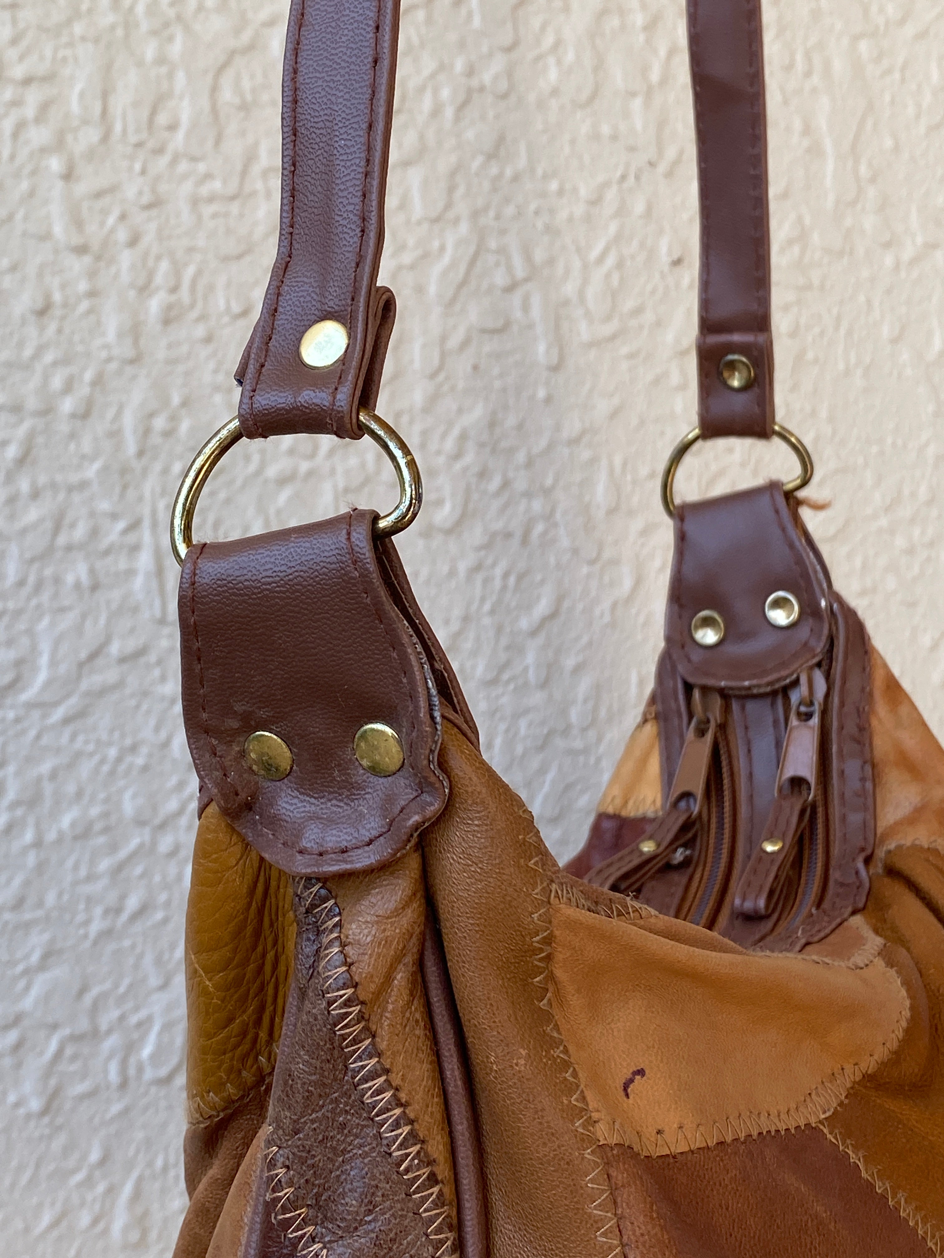 Vintage Brown & Tan Leather Purse Patchwork Crossbody Bag
