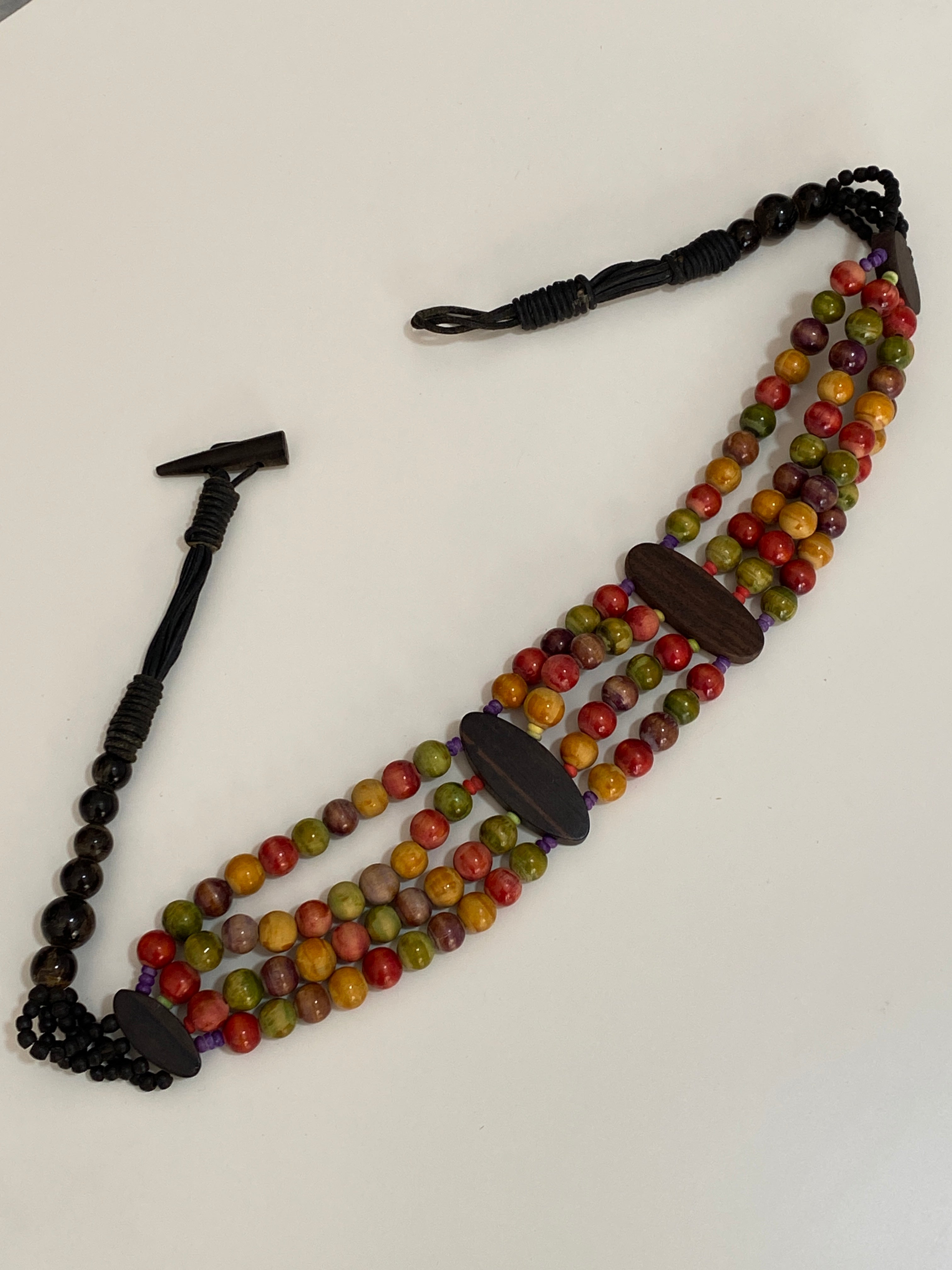 Vintage Multicolor Wooden Bead Waist Belt with Leather Tie Closure