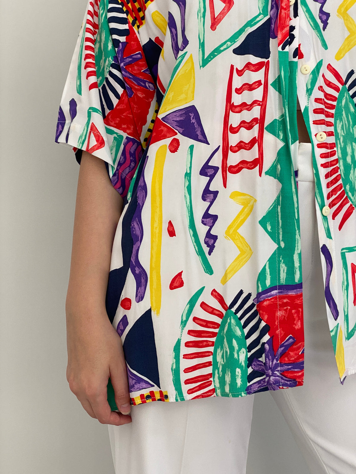 Vintage 90s Canda White Multicolor Abstract Art Print Oversized Shirt – XL