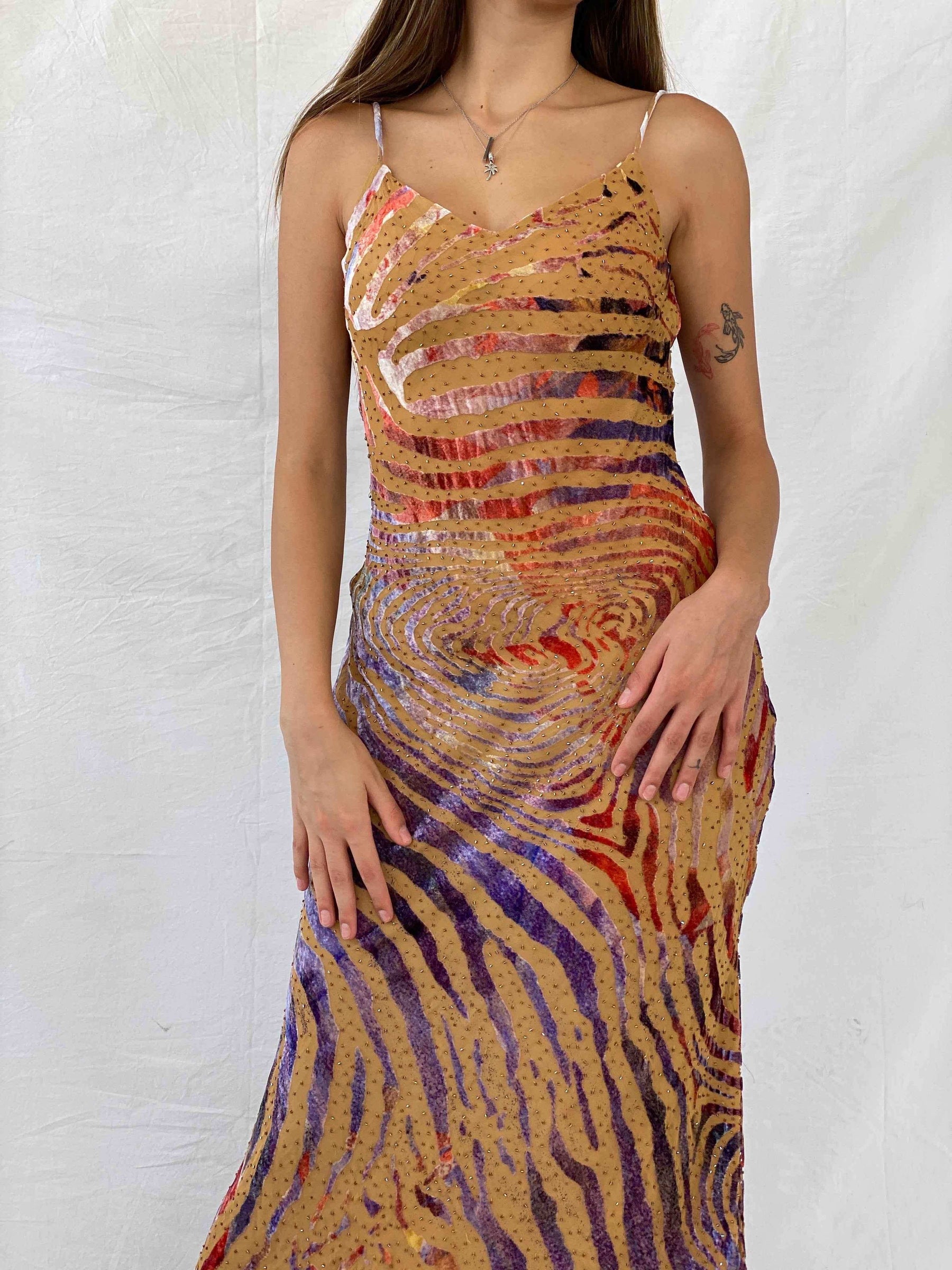 Vintage 90s IF Elegant Style Beaded Velvet Zebra Pattern Gown - Balagan Vintage