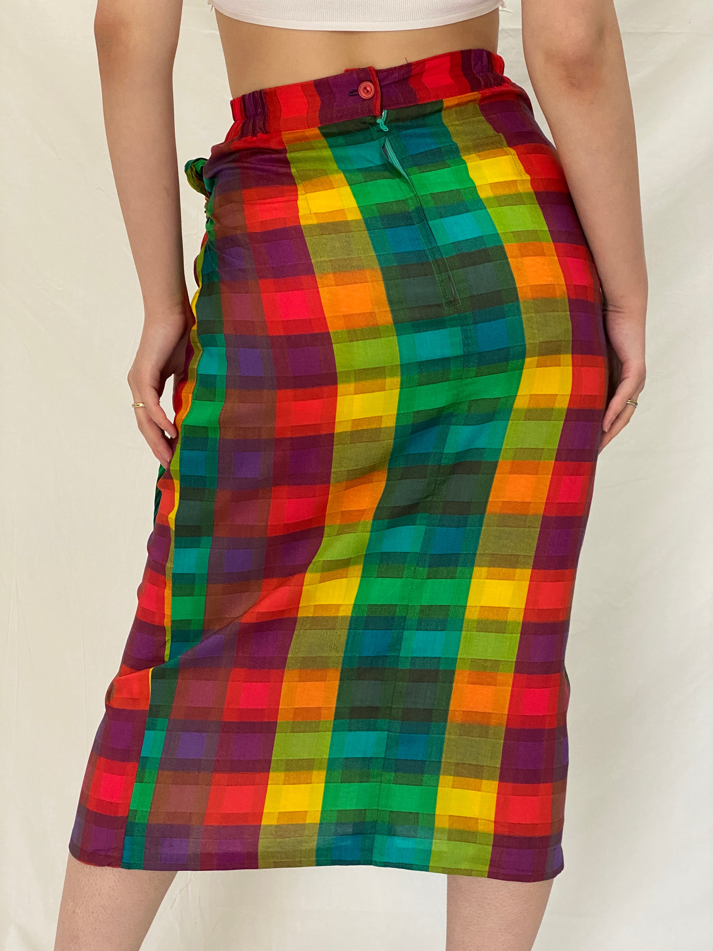Vintage Y2K Handmade Rainbow Plaid Wrap Midi Skirt - S