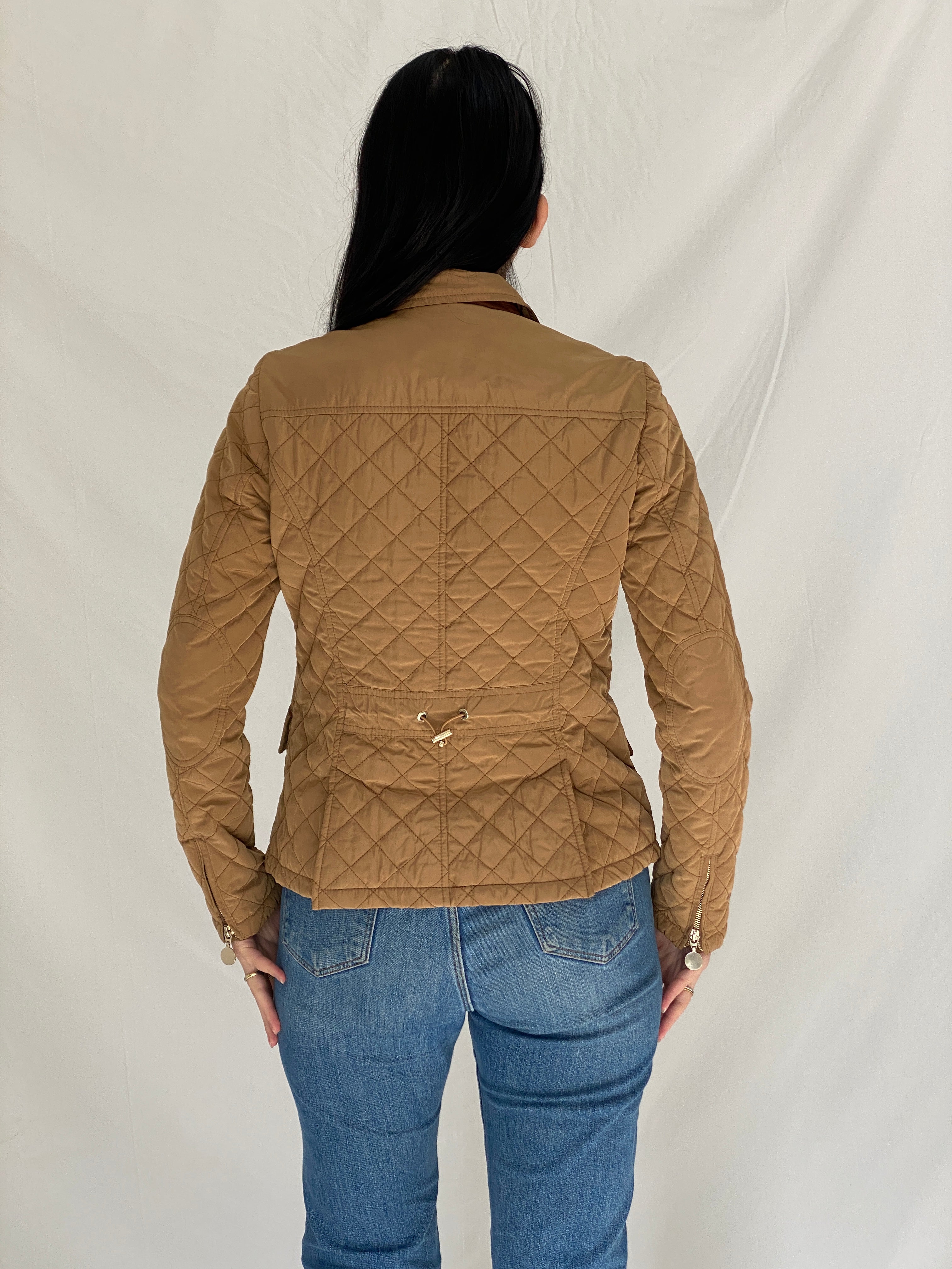 Massimo Dutti Camel Quilted Riding Jacket Fitted Equestrian Diamond Stitch Jacket - S