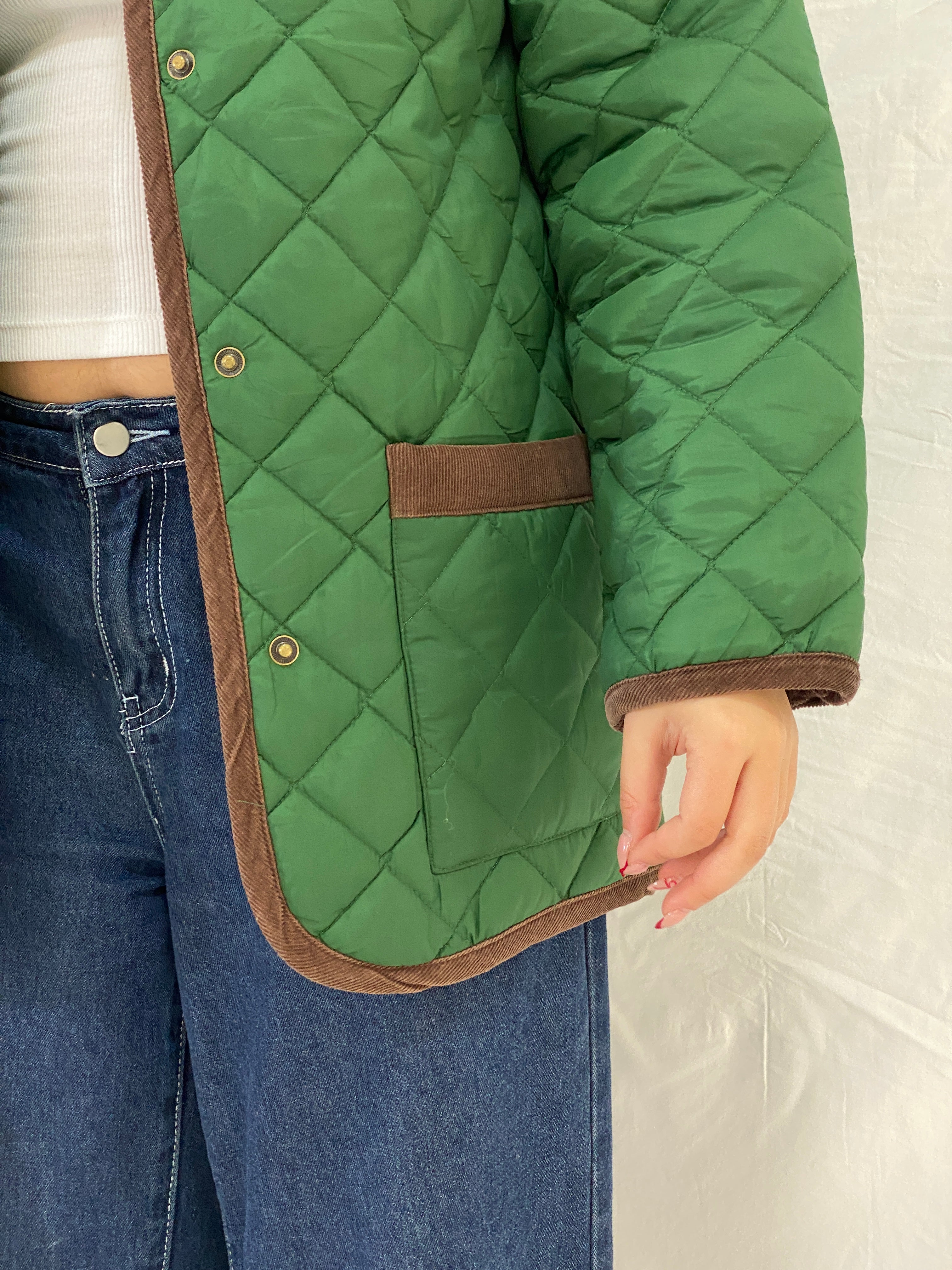 Vintage Green Quilted Nylon Jacket with Brown Corduroy Trim – S