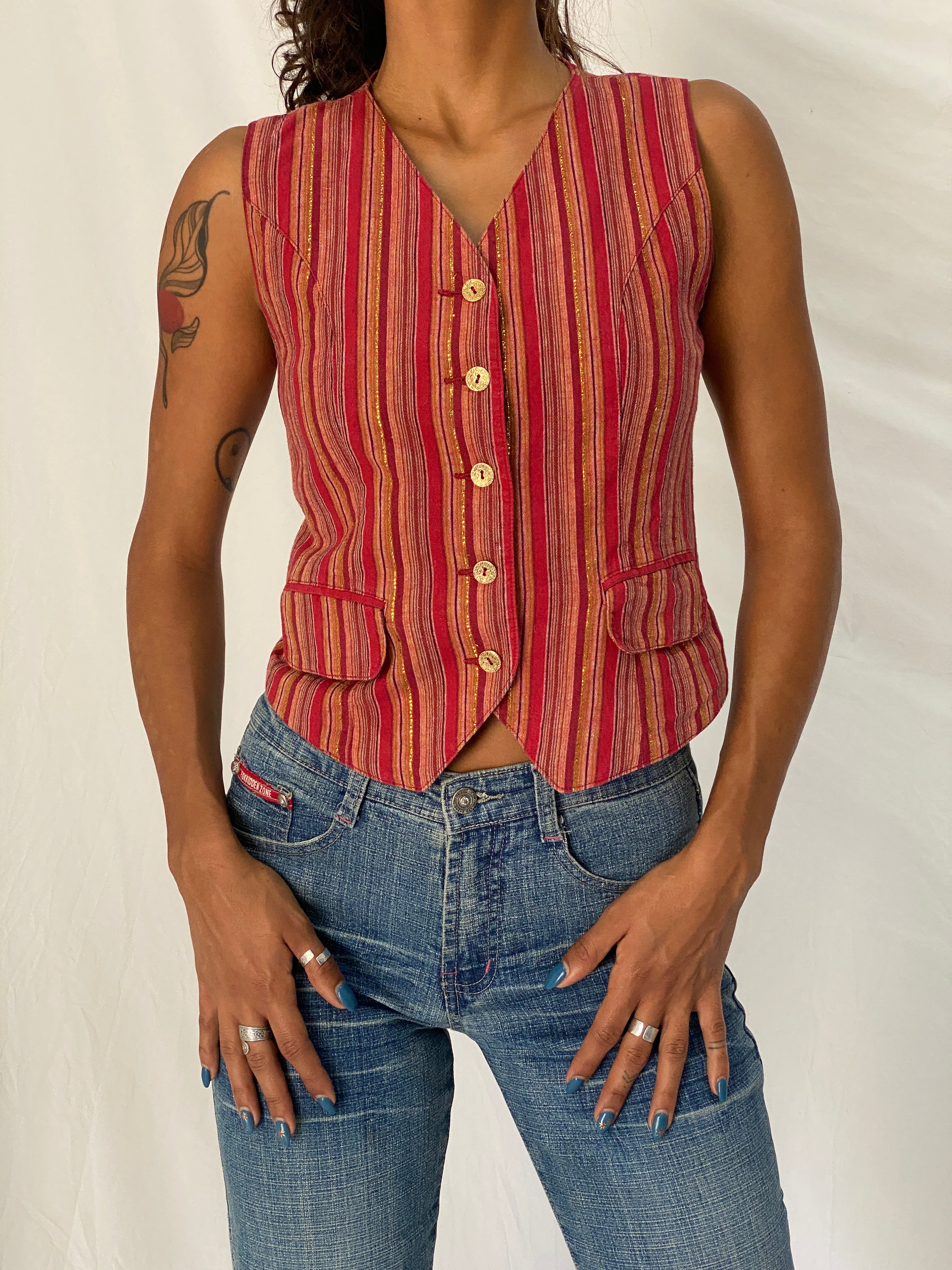 Vintage Y2K Petite Sophisticate Red Metallic Striped Cotton Blend Waistcoat Vest - S