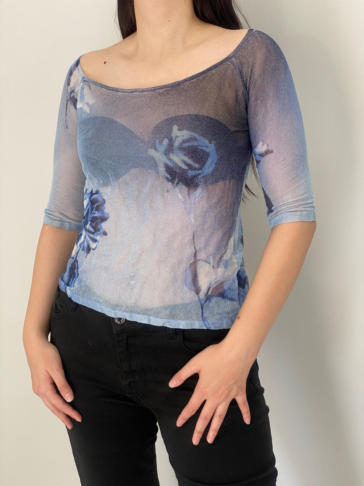 Vintage Y2K Angelo Marani Blue Sheer Floral Mesh Top - S