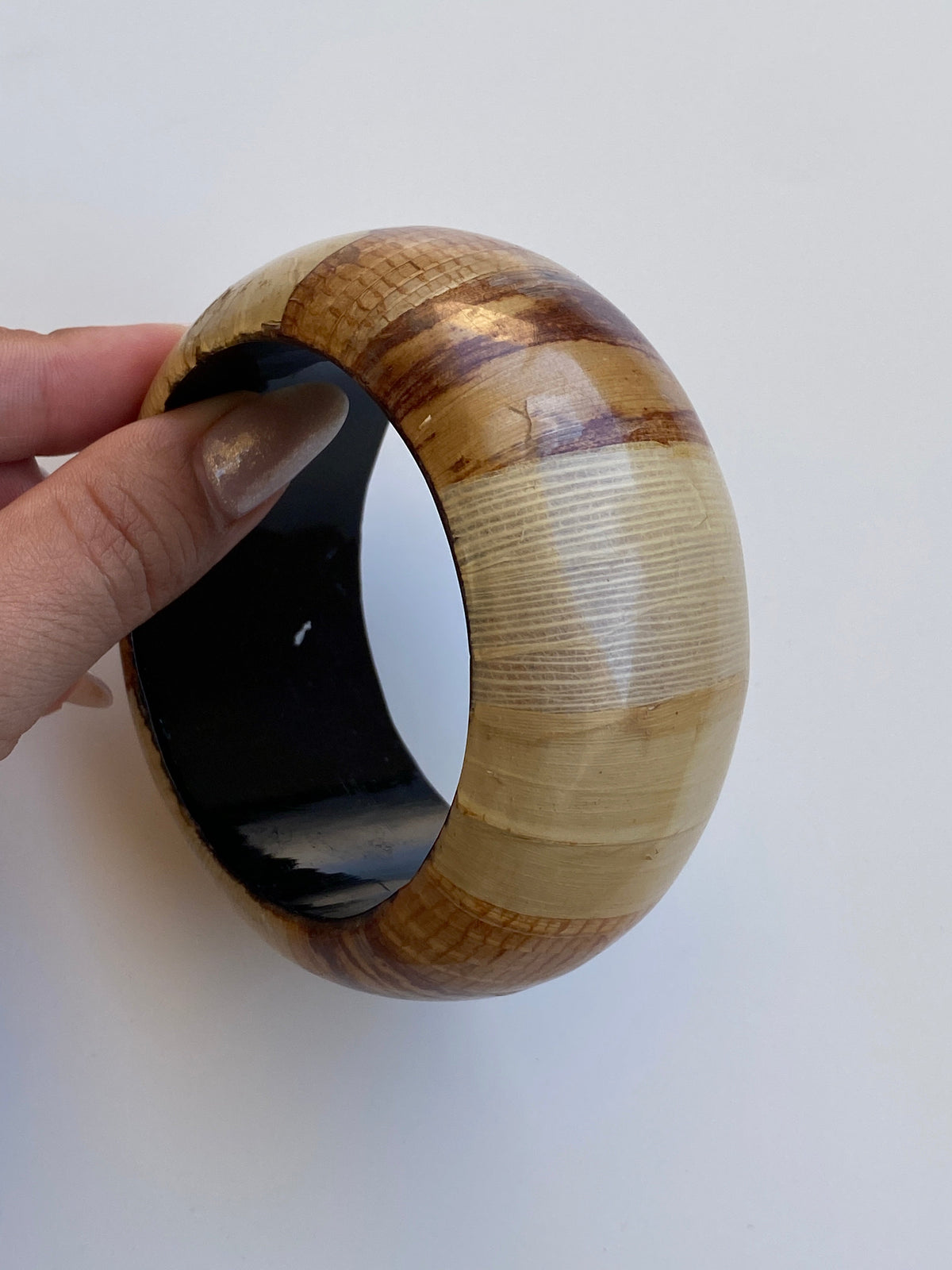Vintage Boho Natural-Tone Wide Resin & Wood-Effect Statement Bangle