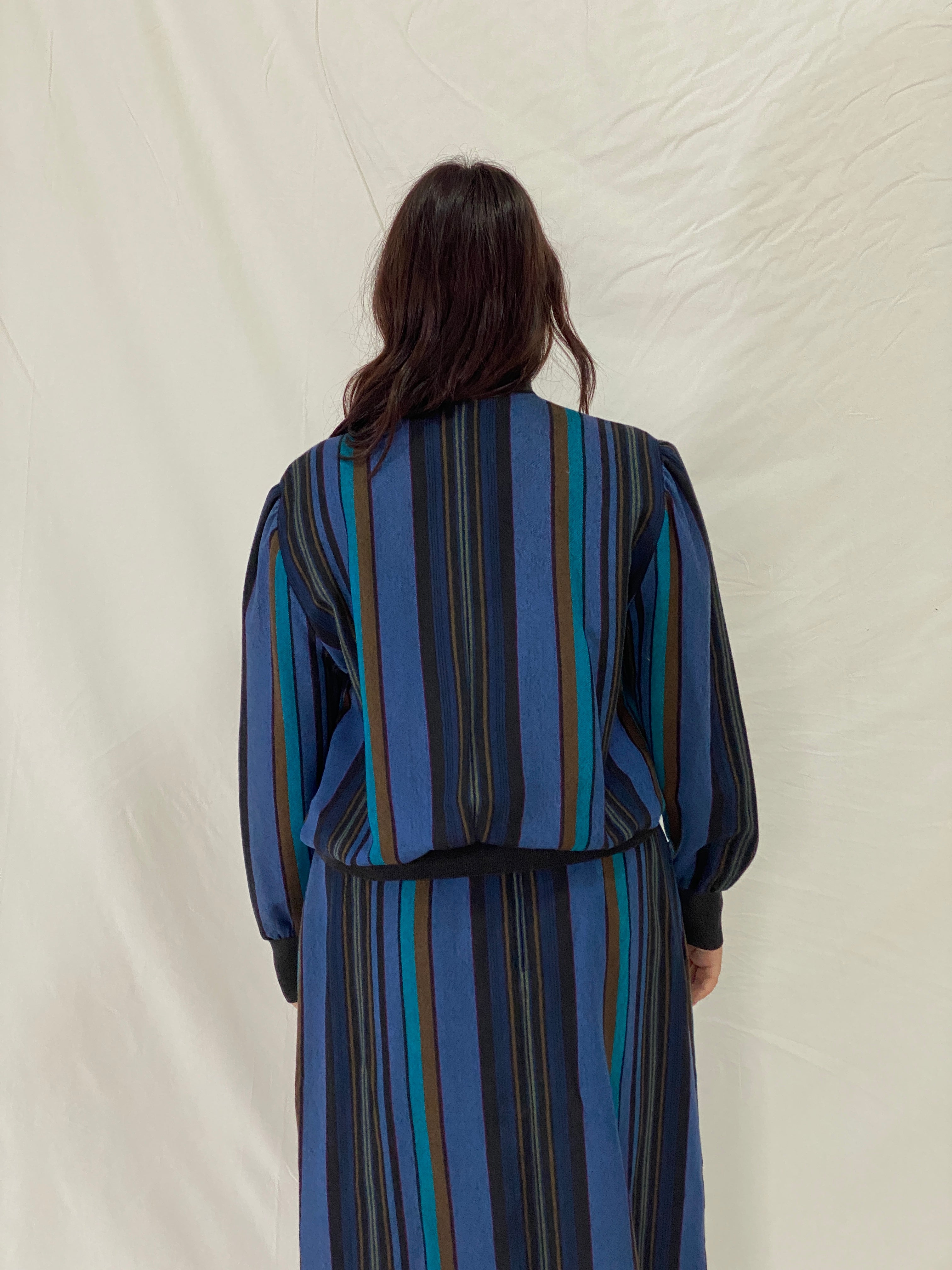Vintage Pure Wool Sporting Dress Skirt & Jacket Set Blue Striped Two-Piece Set - L