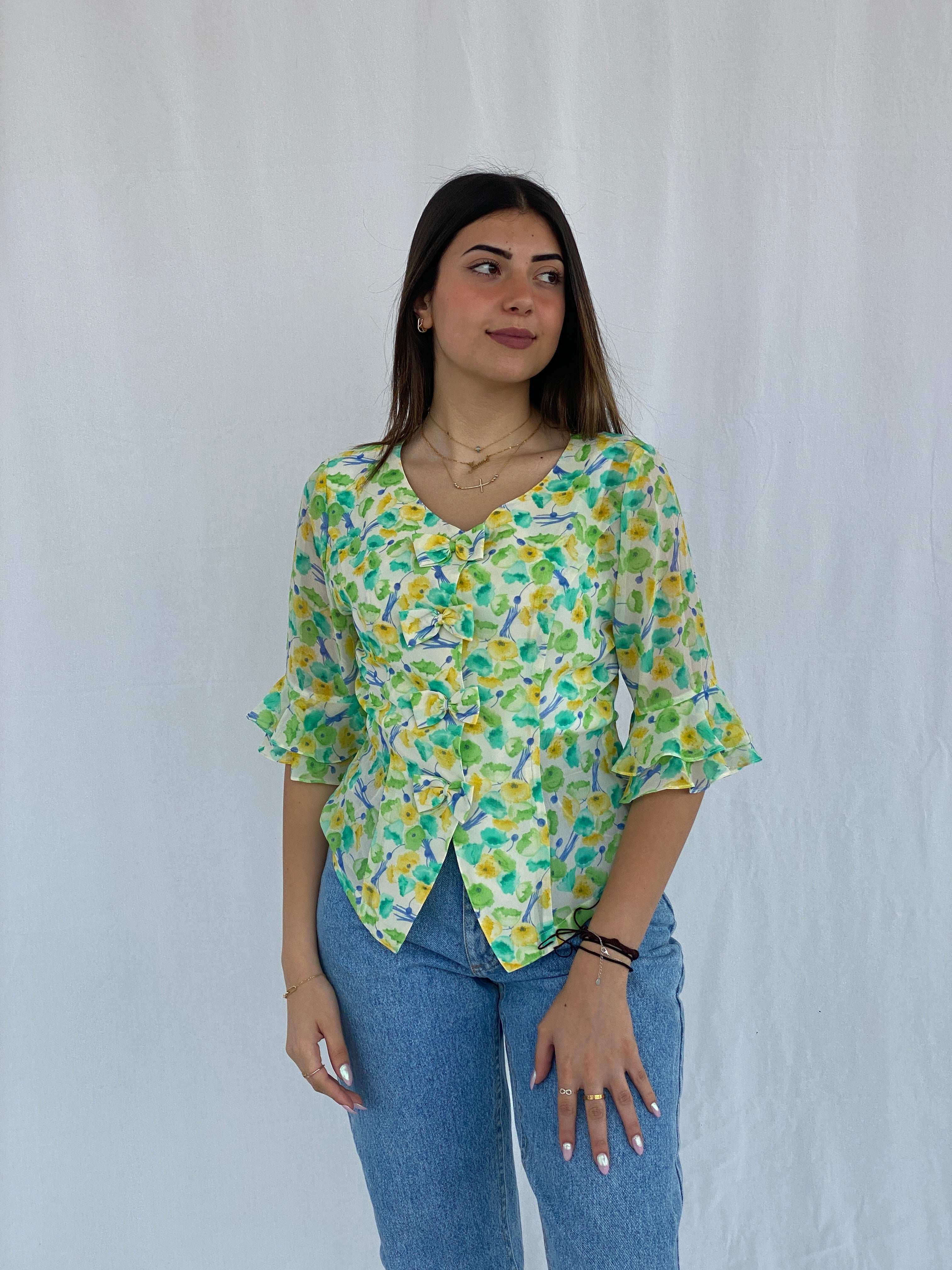Vintage Floral Green and Yellow Shirt Size S