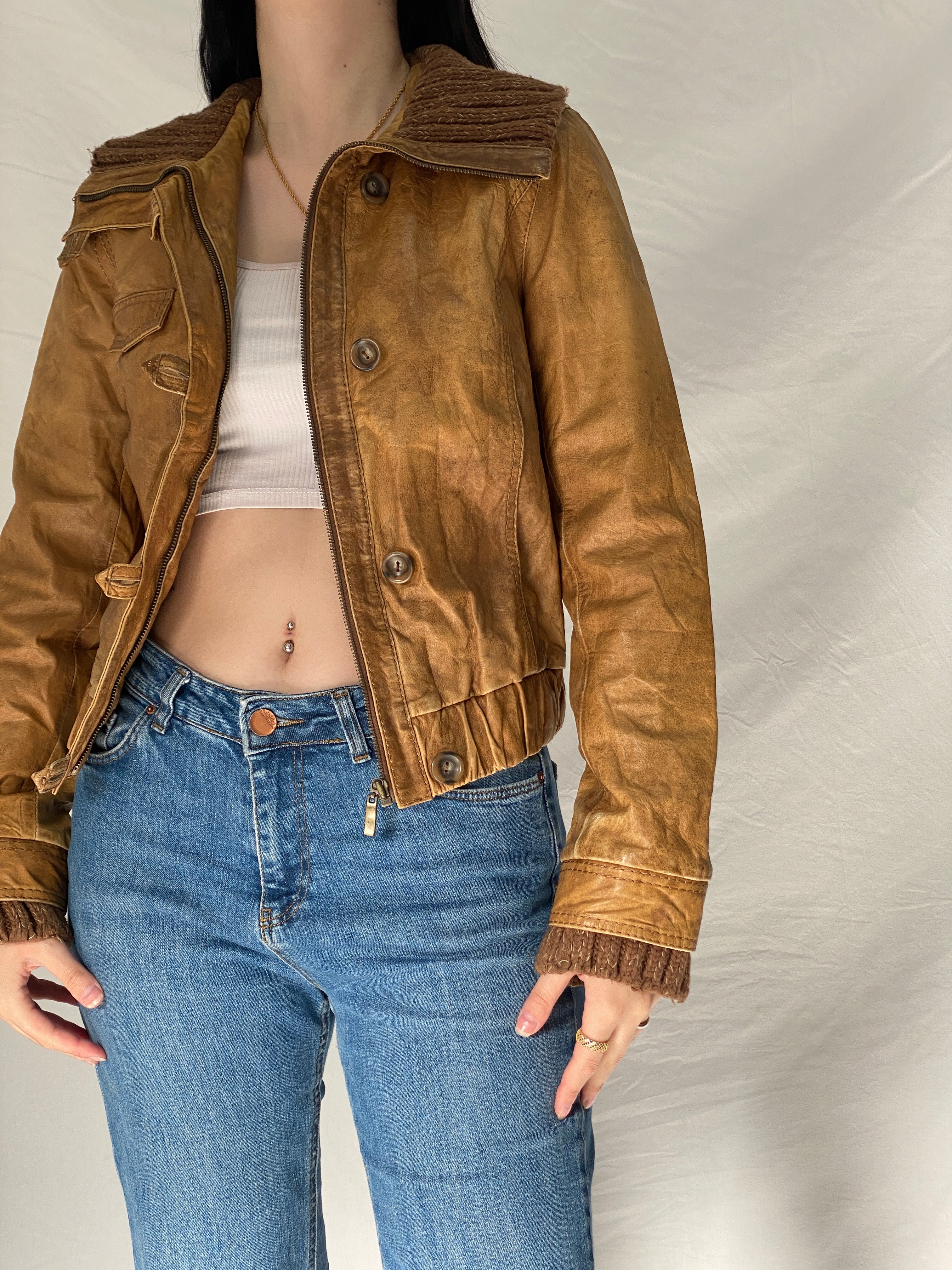 Y2K Jeim Basic Genuine Leather Tan Brown Distressed Cropped Jacket - S