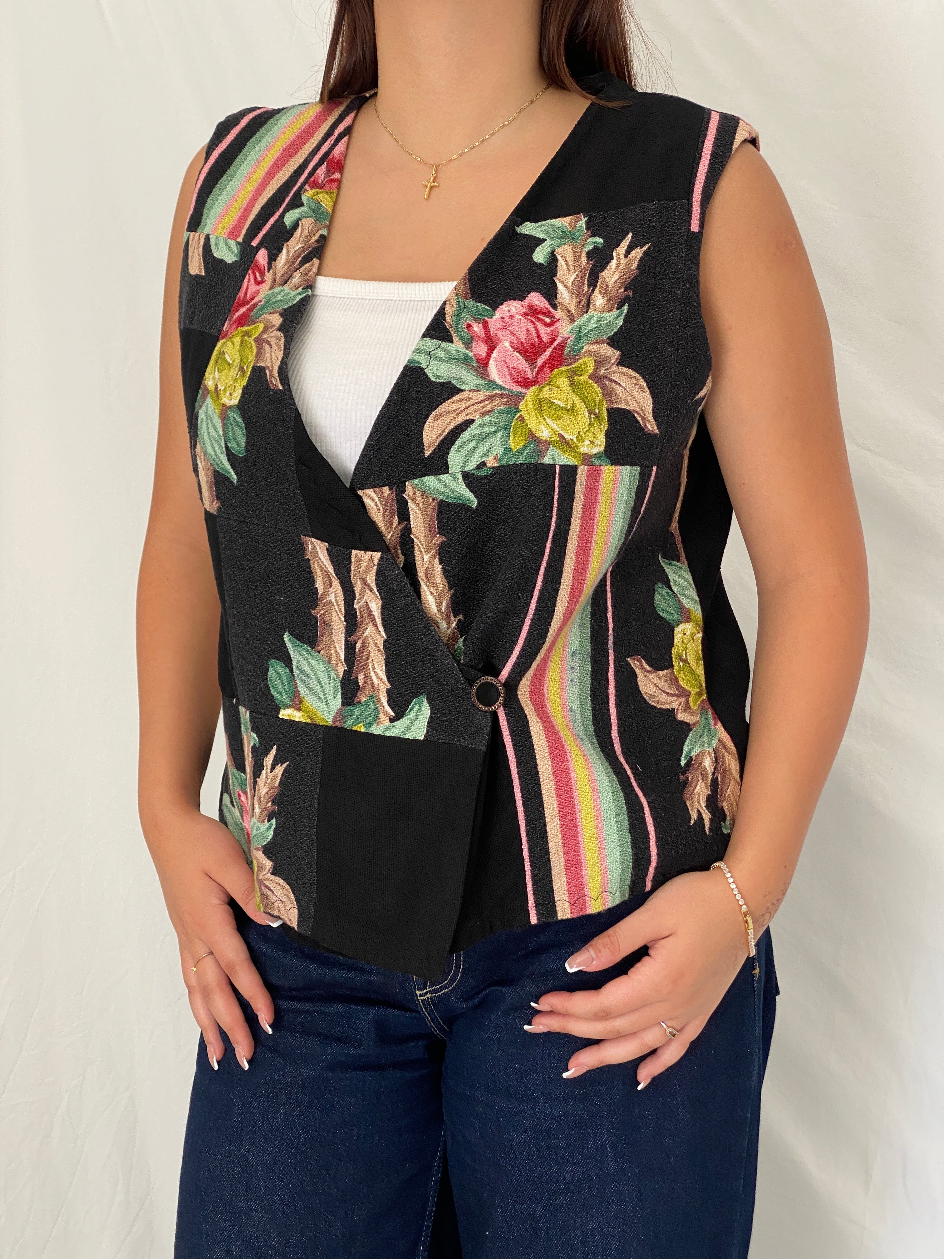 Vintage Black Patchwork Floral Vest Asymmetric Button Boho Waistcoat – L