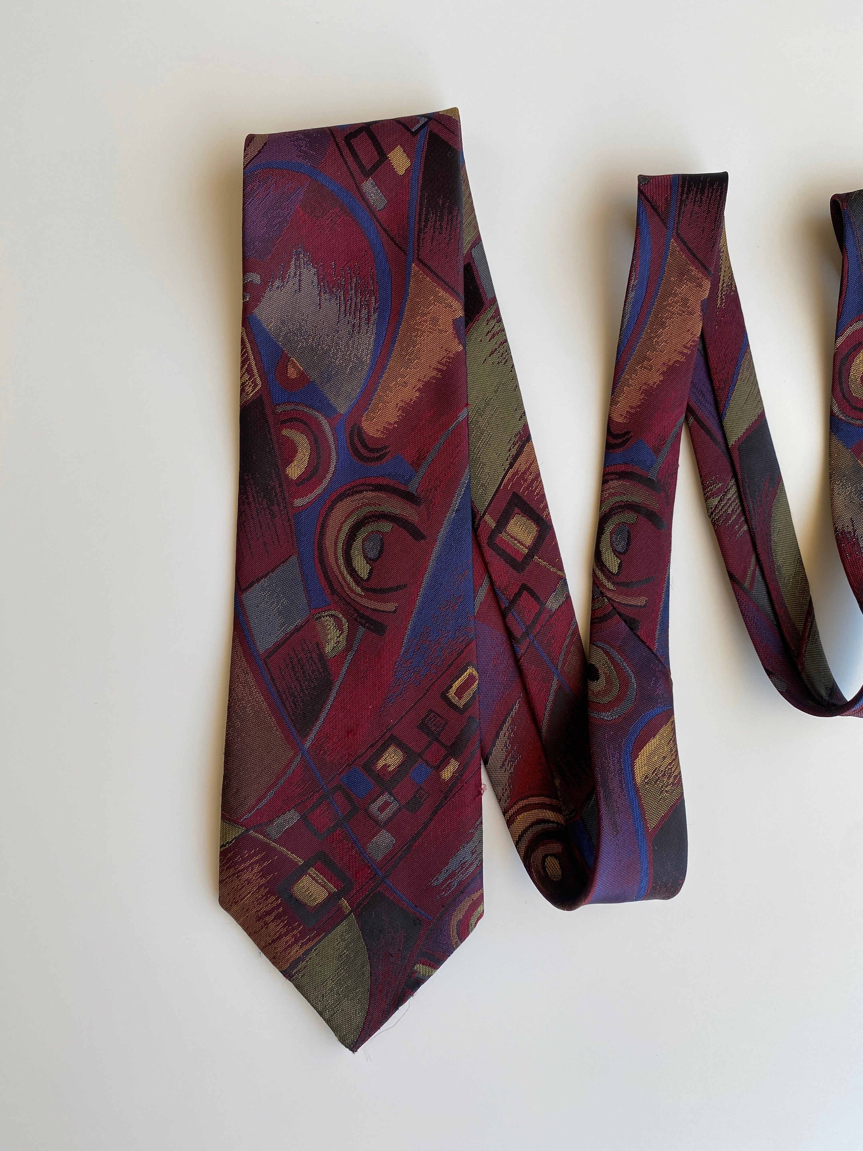Vintage 1990s Burgundy Purple Abstract Geometric Wide Necktie