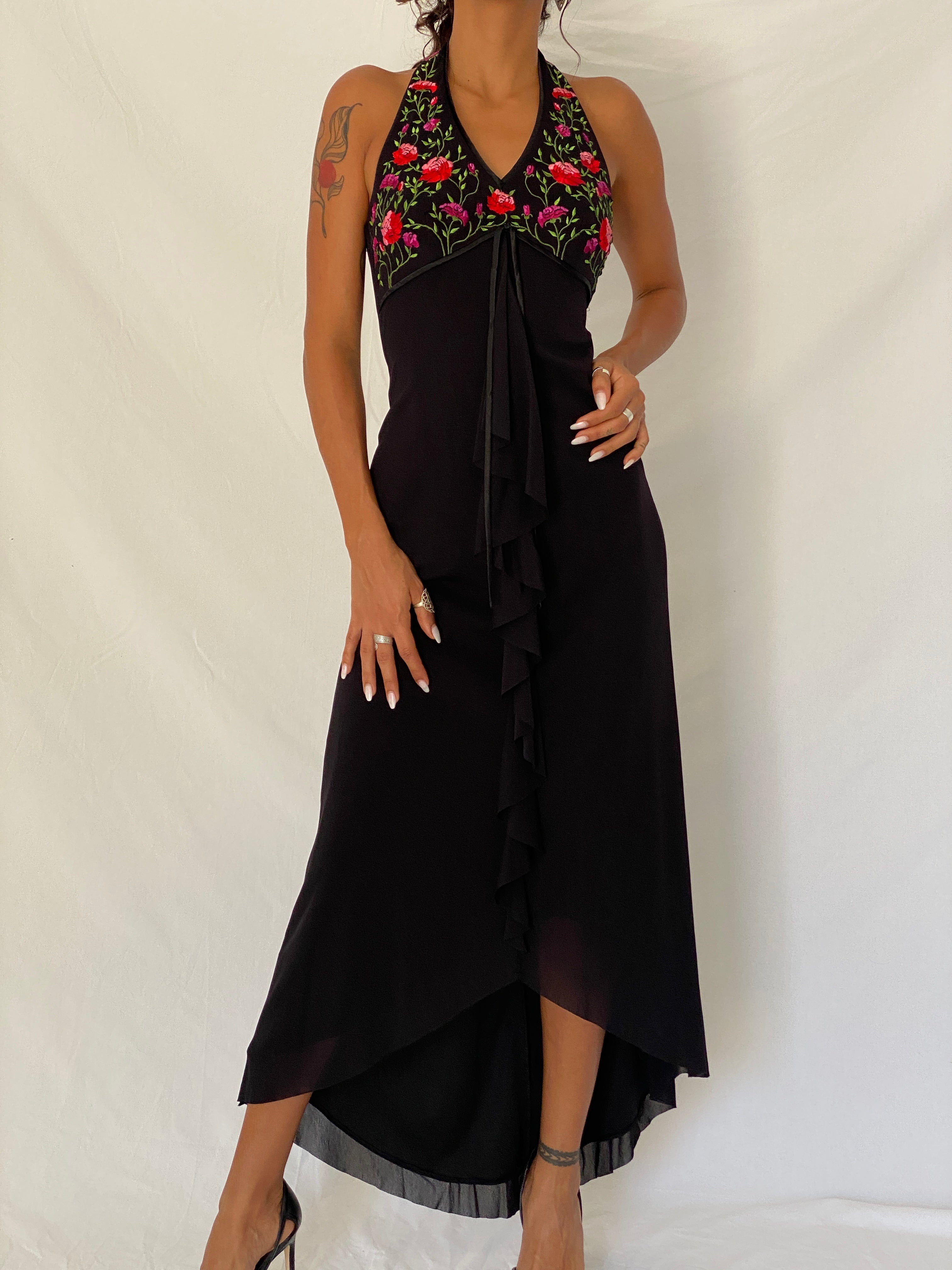 Vintage 90s De Laru by Sheila Yen Black Floral Embroidered Halter Dress – S